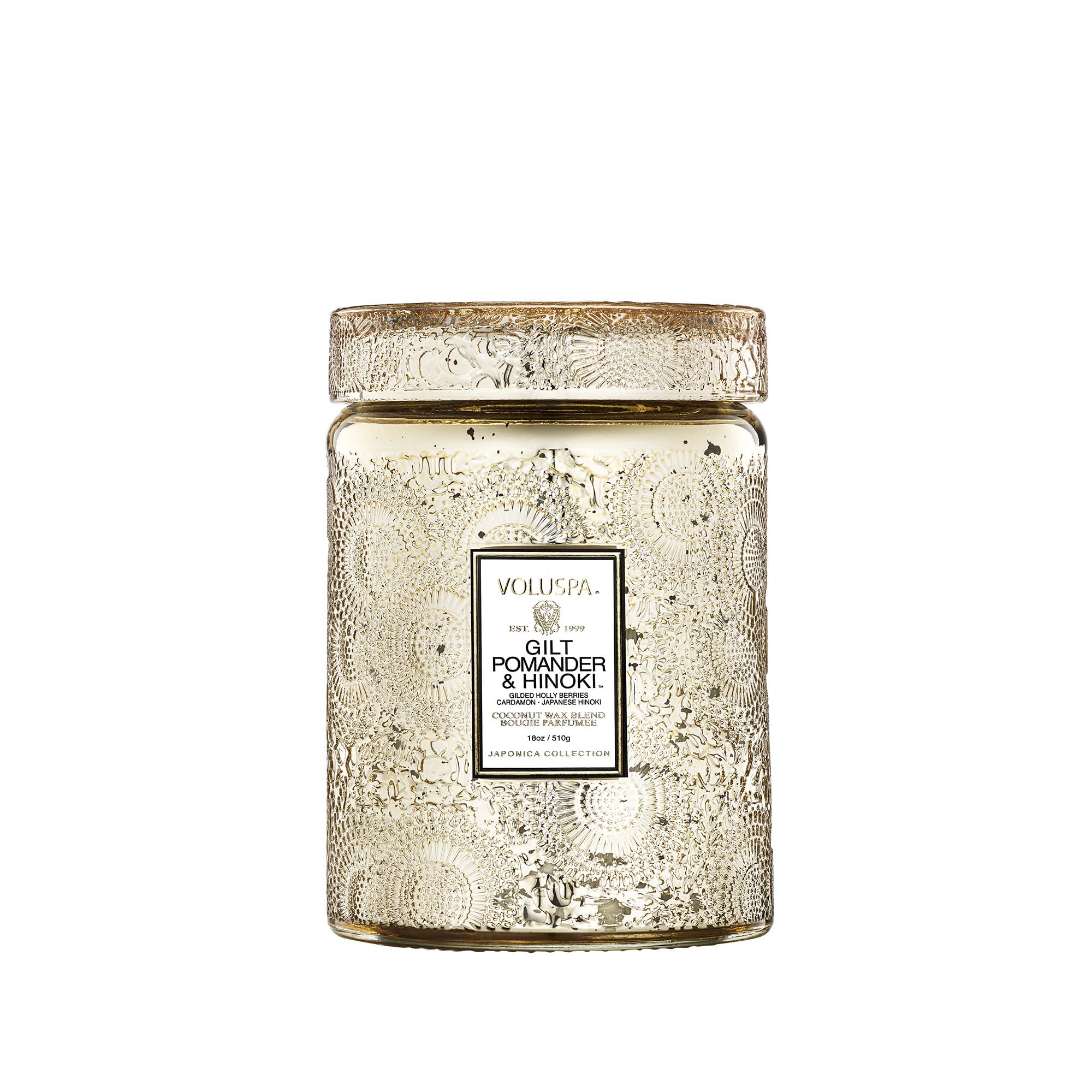 Gilt Pomander Hinoki, Large Candle Jar, 18 oz, 100 Hour Burn Time, Coconut Wax for Clean Burning, Handcrafted in The USA