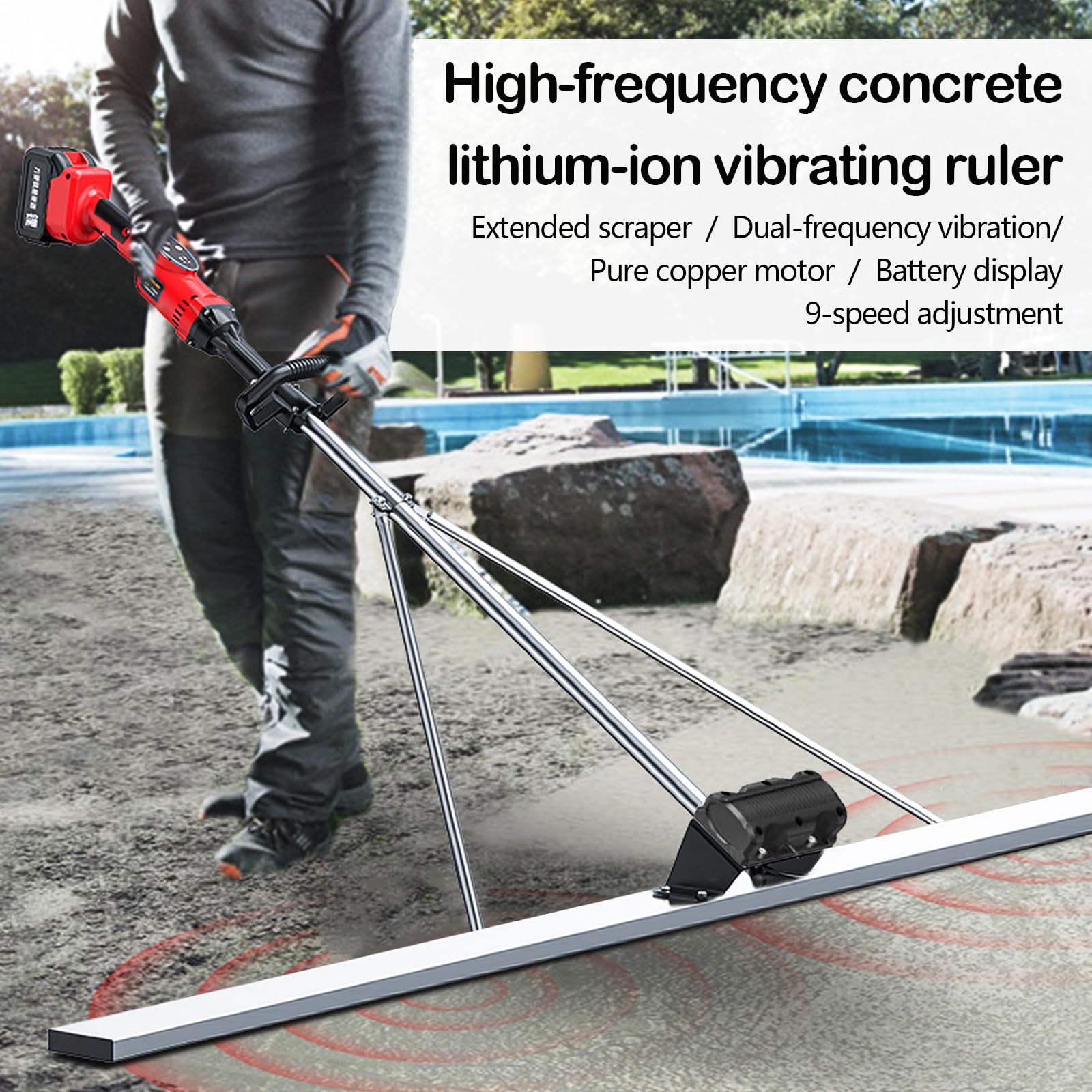 Vibreur Beton, Vibreur pour Béton Électriques 21V avec 2 Batteries 2,000 mAh Surfaceuse Beton 60W 6000 tr/min Machine de Lissage en Acier Inoxydable 1,5m pour Béton et Boue