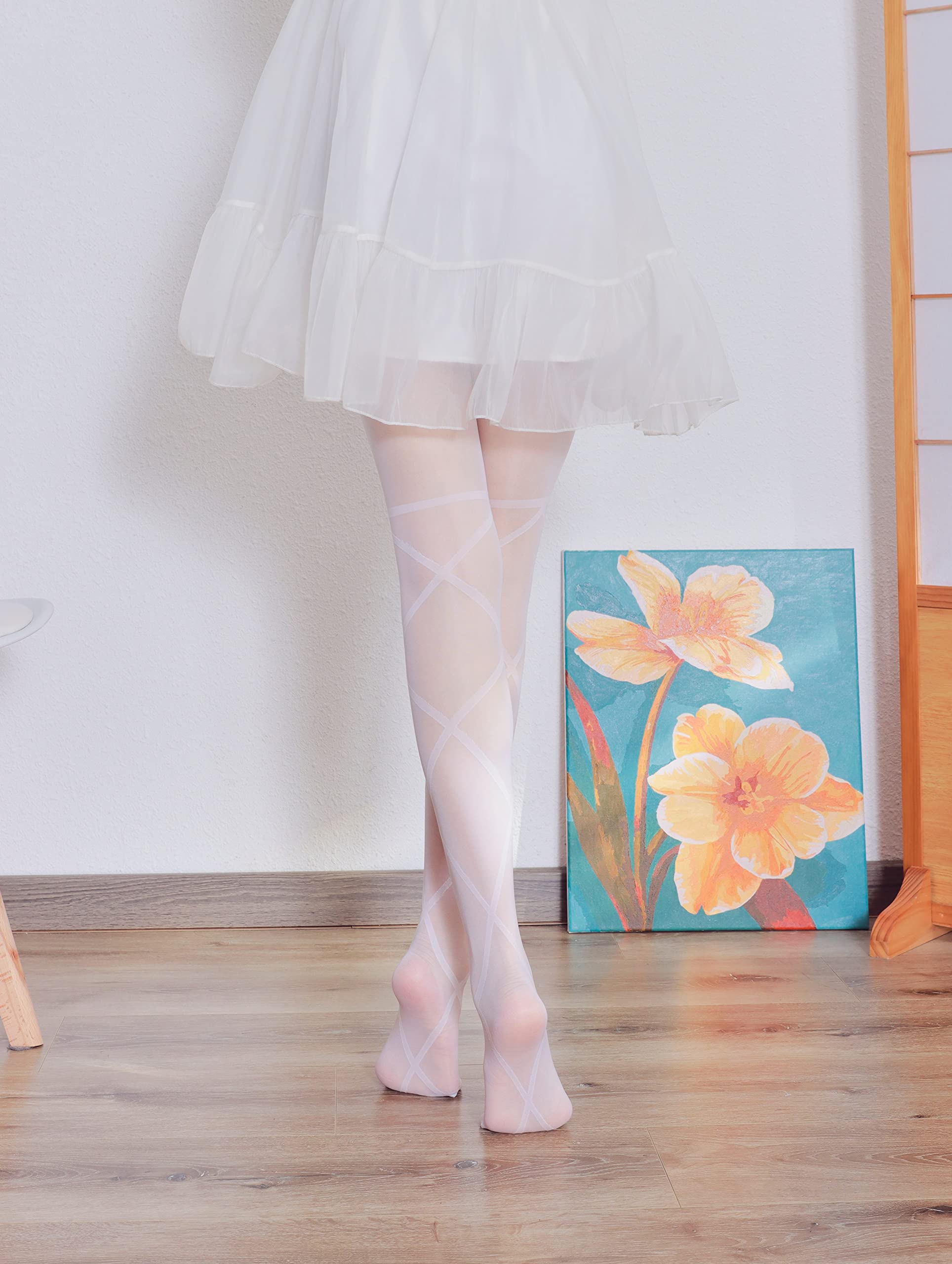 Sahabowi Women Tights, Sheer High Waist Pantyhose, Vintage Control Top Stockings, Siwa 2: Big Bow Cross Jacquard White