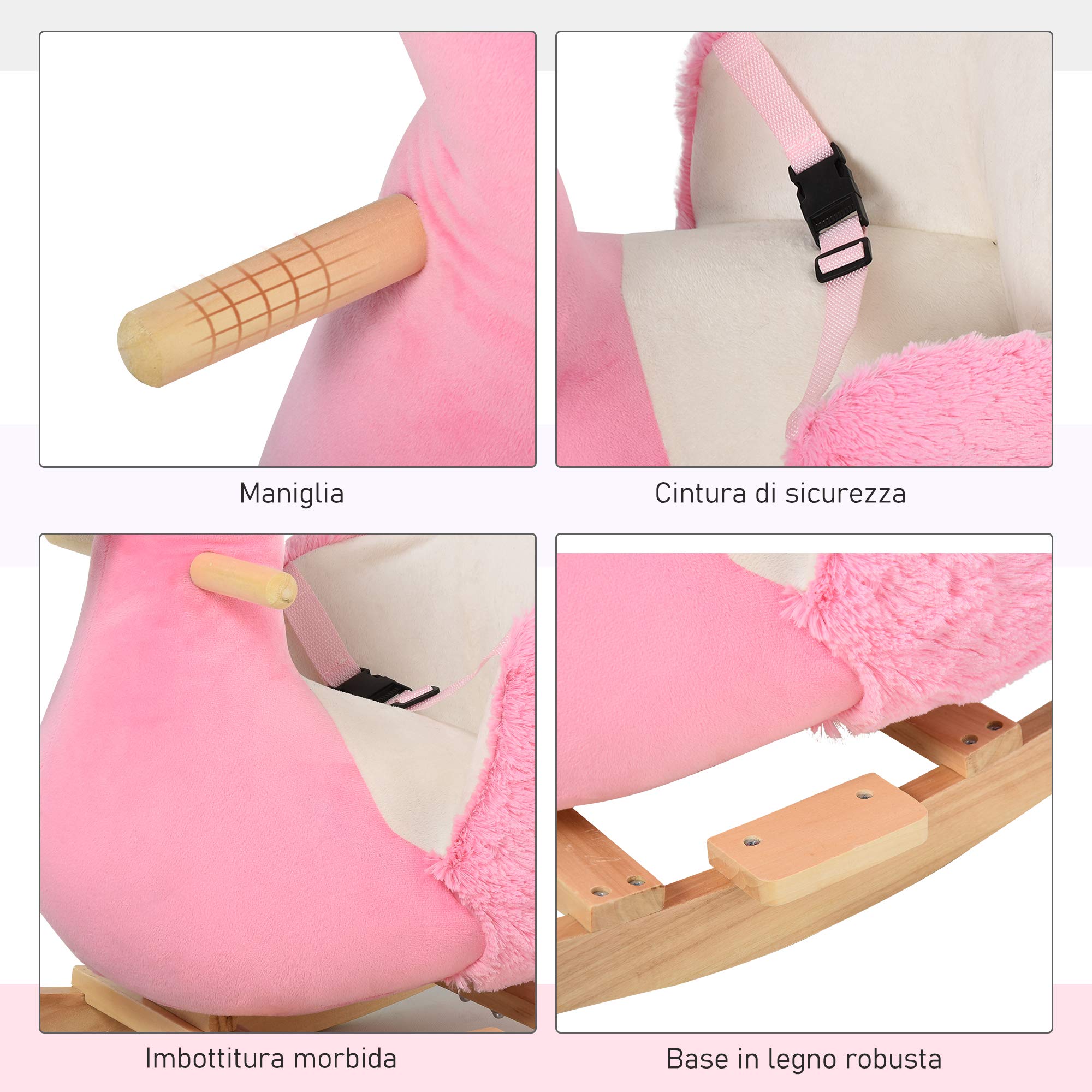 HOMCOM Cavallo a Dondolo per Bambini, Fenicottero a Dondolo per Bambini dai 18 Mesi in Legno con Cinture di Sicurezza, Rosa