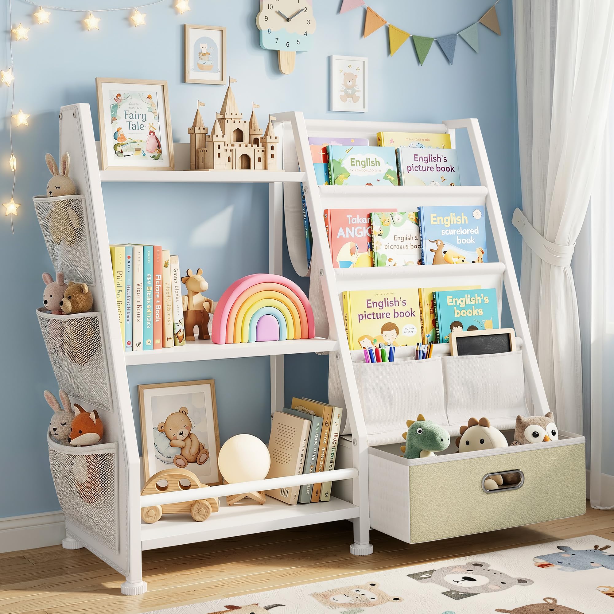 Kinderregal Kinderzimmer Weiß Offenen Aufbewahrungsregal: Kinder Bücherregal mit 3 Offenen Fächer - Spielzeug Regal mit 1 Aufbewahrungsboxen für Spielzimmer
