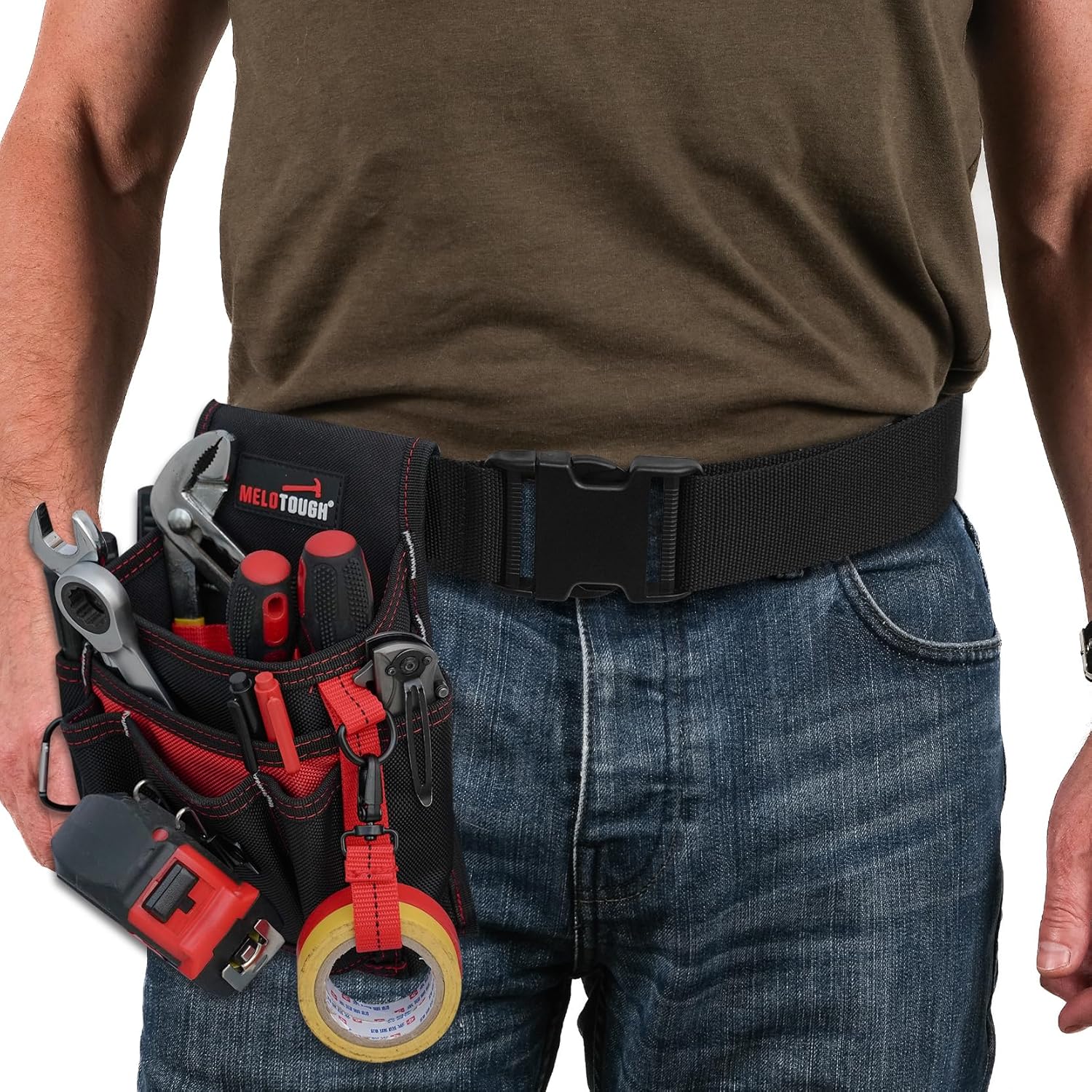 MELOTOUGH Electrician Tool Pouch with Belt Clip, 2 Inch Heavy Duty Work Belt Set for Men, Utility 13 Pockets Tool Pouch for Contractors & Roofing, Adjustable Carpenter Organizer Set