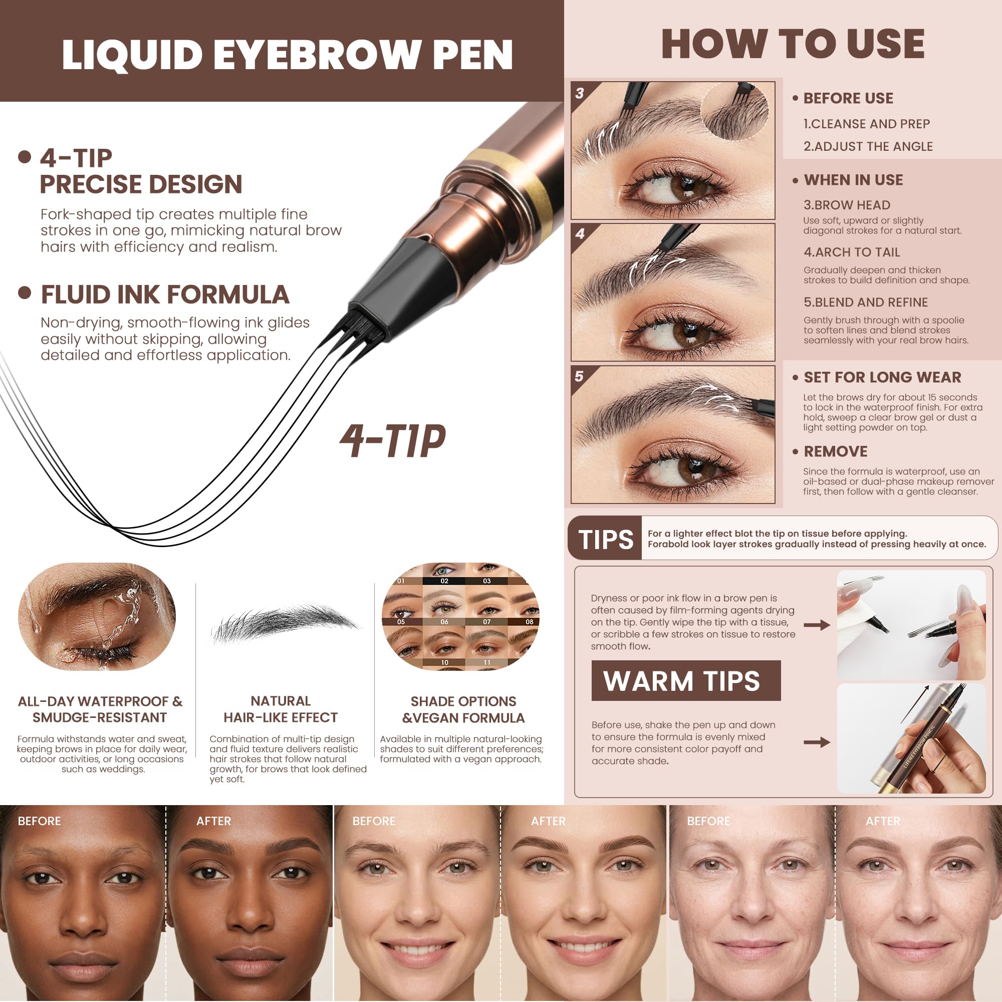 2 Pack Microblading Augenbrauenstift mit 4 Spitzen und 2 Augenbrauenbürsten, wasserdichte vegane Formel Augenbrauenstifte für Frauen, um mühelos natürliche haarähnliche Striche zu kreieren, den ganzen