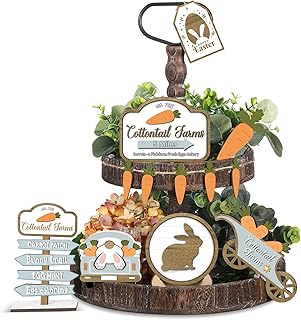 Easter Tiered Tray Decor Spring Table Wooden Sign Decorations Easter Tabletop Farmhouse Signs Carrot Egg Bunny Decor for Easter Party Home Kitchen Holiday (Carrot, 12 Pcs)