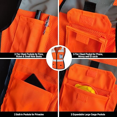 Miniatura 9 de TCCFCCT Chaleco de seguridad para mujer, chaleco reflectante de malla de 11 bolsillos con cremallera, chaleco de trabajo de construcción de neón de