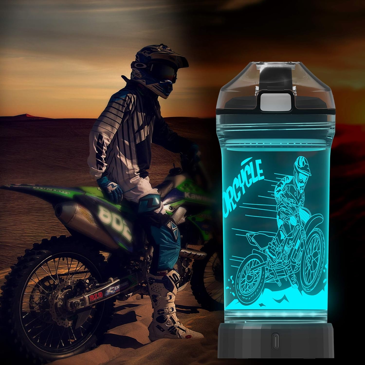 Lightzz Dirt Bike Gifts for Boy, Kids 3D Glowing Water Bottle with LED Light - 14 OZ Tritan BPA Free - Creative Ideal Travel Cup Motorcross Gift for School Kid Boy Child Holiday Camping Picnic