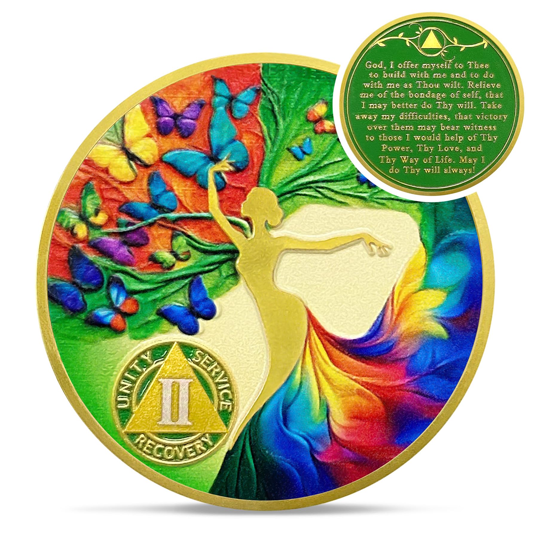 Artsy Two Year Sobriety Coin - Colorful Butterfly Tree of Life AA Coins - Recovery Addiction NA AA Chips and Medallions - 1-20 Years Clean Narcotics