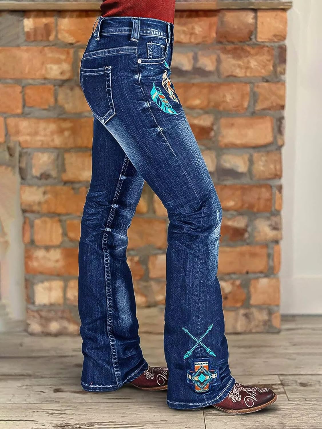 Flamingals Mid Waist Boot Cut Jeans for Women Stretchy Trendy Wash Feather Embroidery Boho Denim Jeans - Image 2