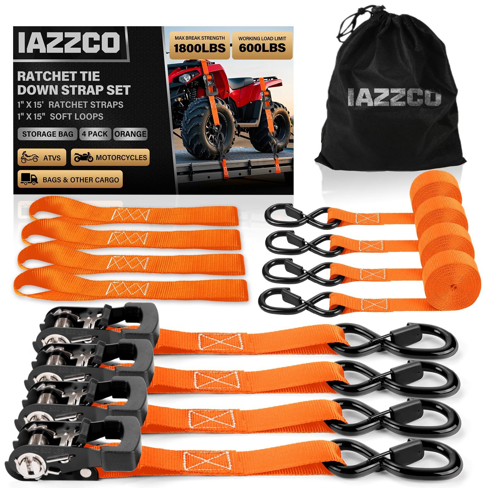 Ratchet Straps - Heavy Duty Tie Downs Straps - 1 Inch x 15 Feet 4 Pack - Safety S Hooks &amp; Soft Loops, 1800LBS Break Strength for Men, Trucks Cargo Moving appliances Motorcycle ATV（Orange）