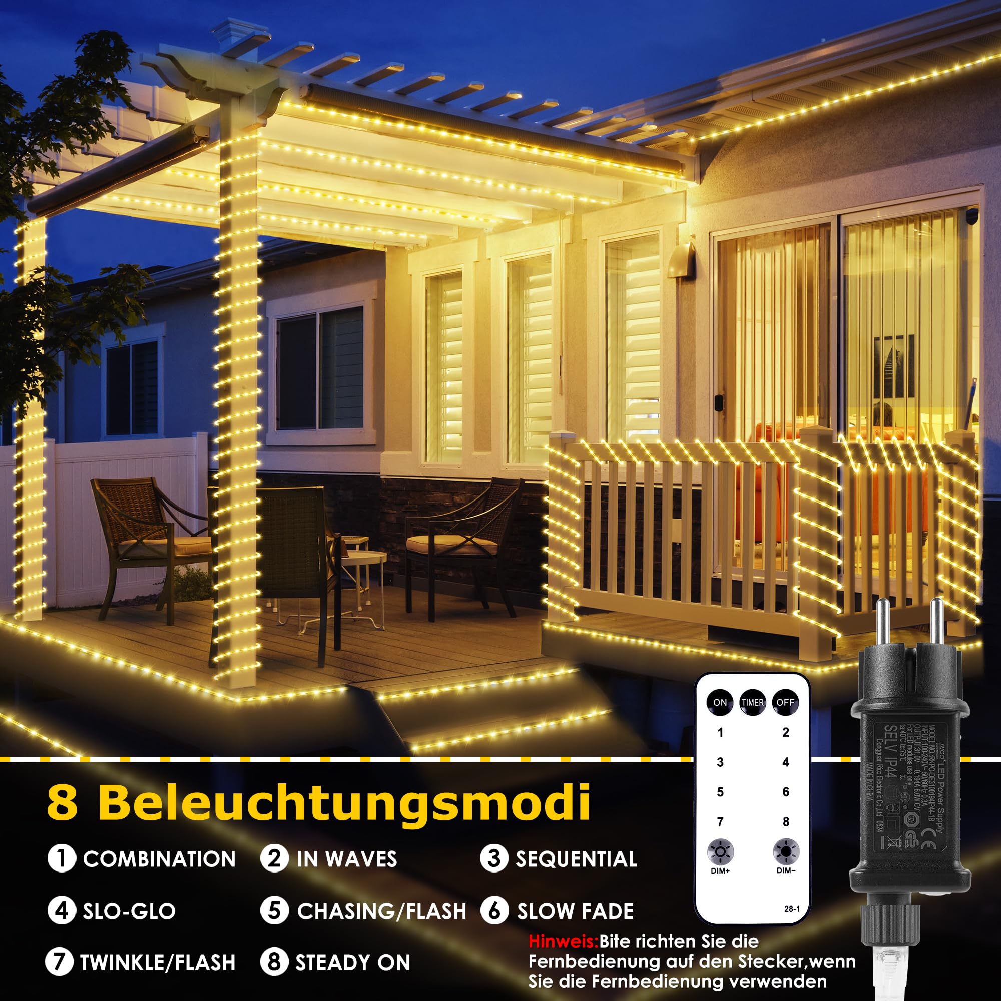 StarryEver 15 m 600 LED manguera cadena de luz exterior conectable, luz blanca cálida LED manguera de luz con mando a distancia temporizador, 8 modos, IP68, para exteriores, funciona con electricidad