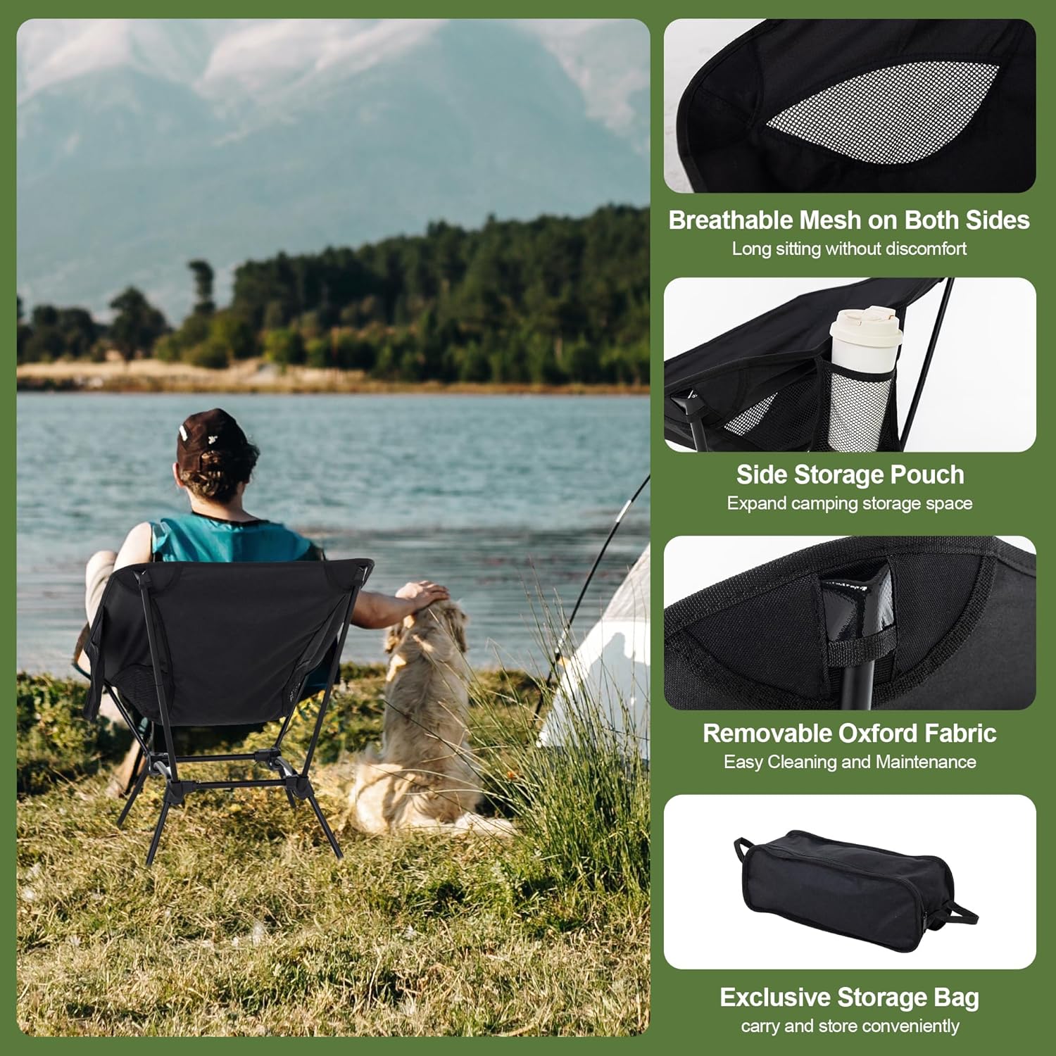 Camping Chair Portable Lightweight Camping Chairs for Adults Foldable 600D Oxford Ultralight Backpacking Chair with Breathable Mesh and Pocket for Outdoor Travel Hiking, Black - Image 5