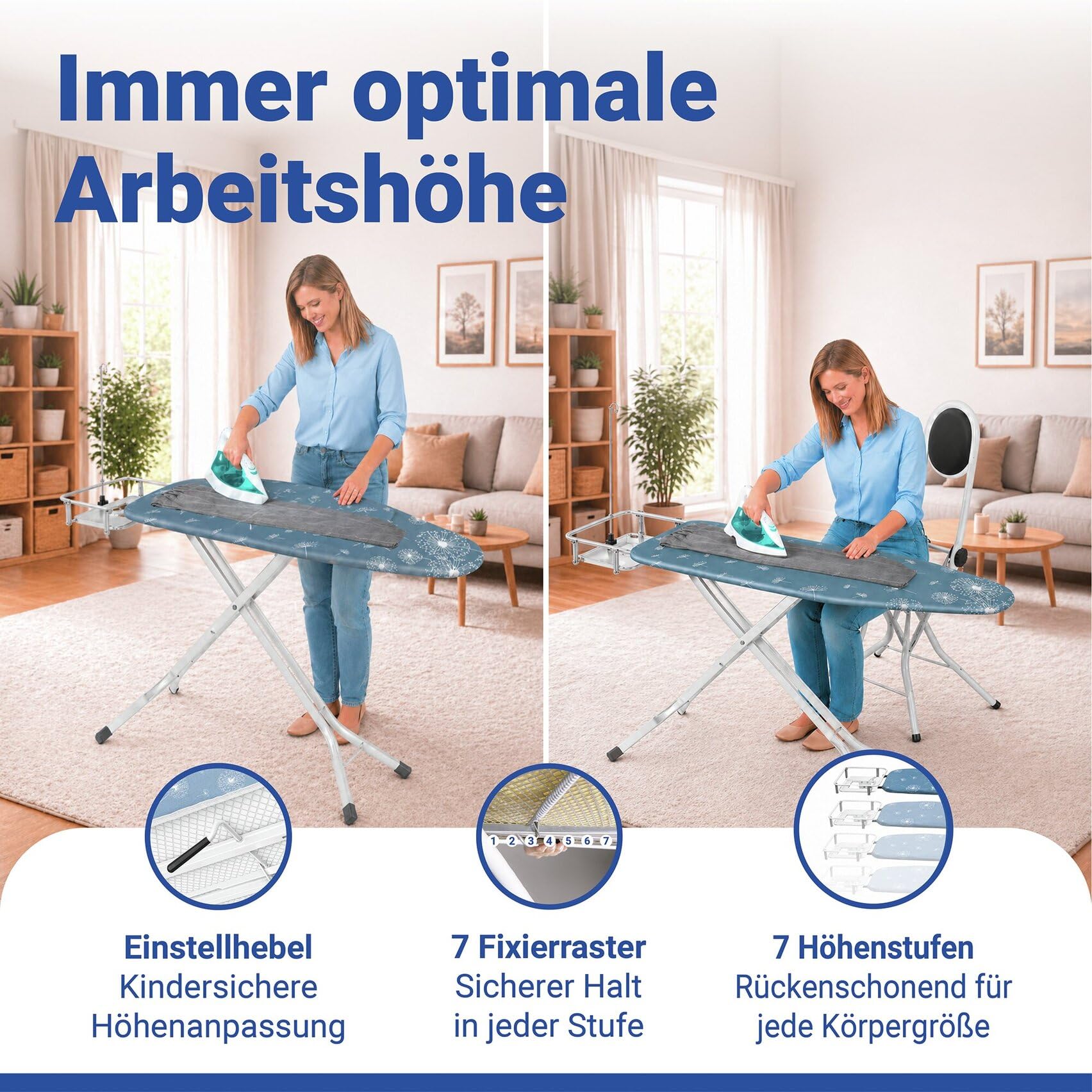 WENKO XXL Bügelbrett für Dampfbügelstation & Dampfbügeleisen, standfest | Bügeltisch 130 x 48 cm, TÜV/GS, höhenverstellbar, mit Steckdose, absenkbare Ablage & Polsterung, weiß/grau, Mod. Professional