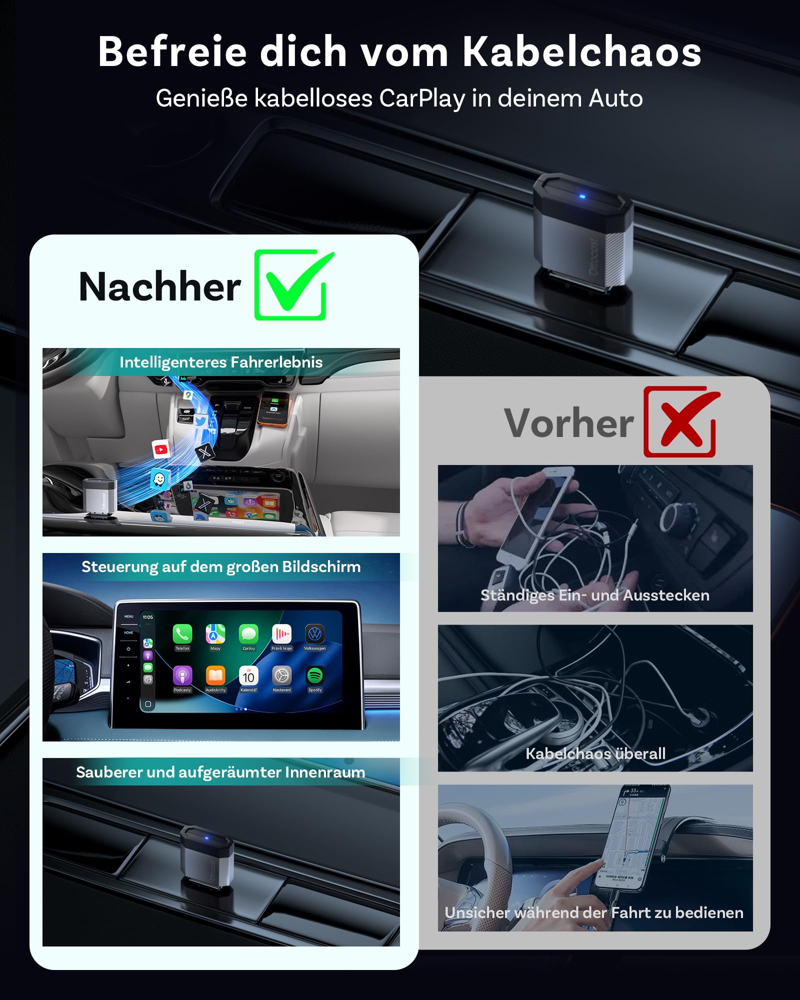 OTTOCAST Mini Nova 2026 Upgraded, Kabelloses CarPlay & Android Auto Adapter, Dual-Band WiFi, Bluetooth 5.0, Plug & Play USB, Für OEM Kabel-CarPlay Fahrzeuge ab 2016