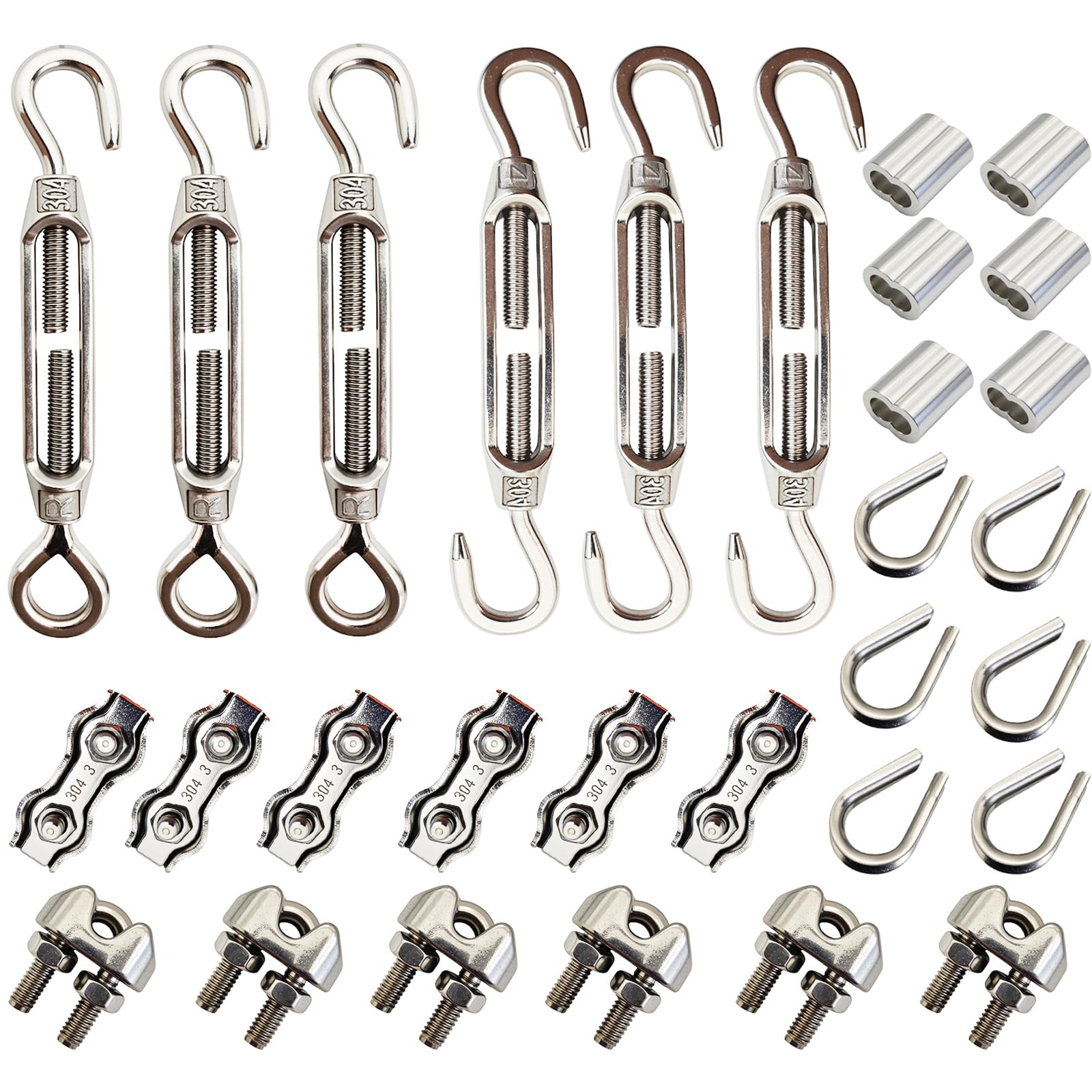 30-teiliges Gartendrahtseil-Set – M4 Spanner, 3mm Klemmen, Kauschen & Alu-Crimphülsen – Für Zäune, Markisen & Wäscheleinen