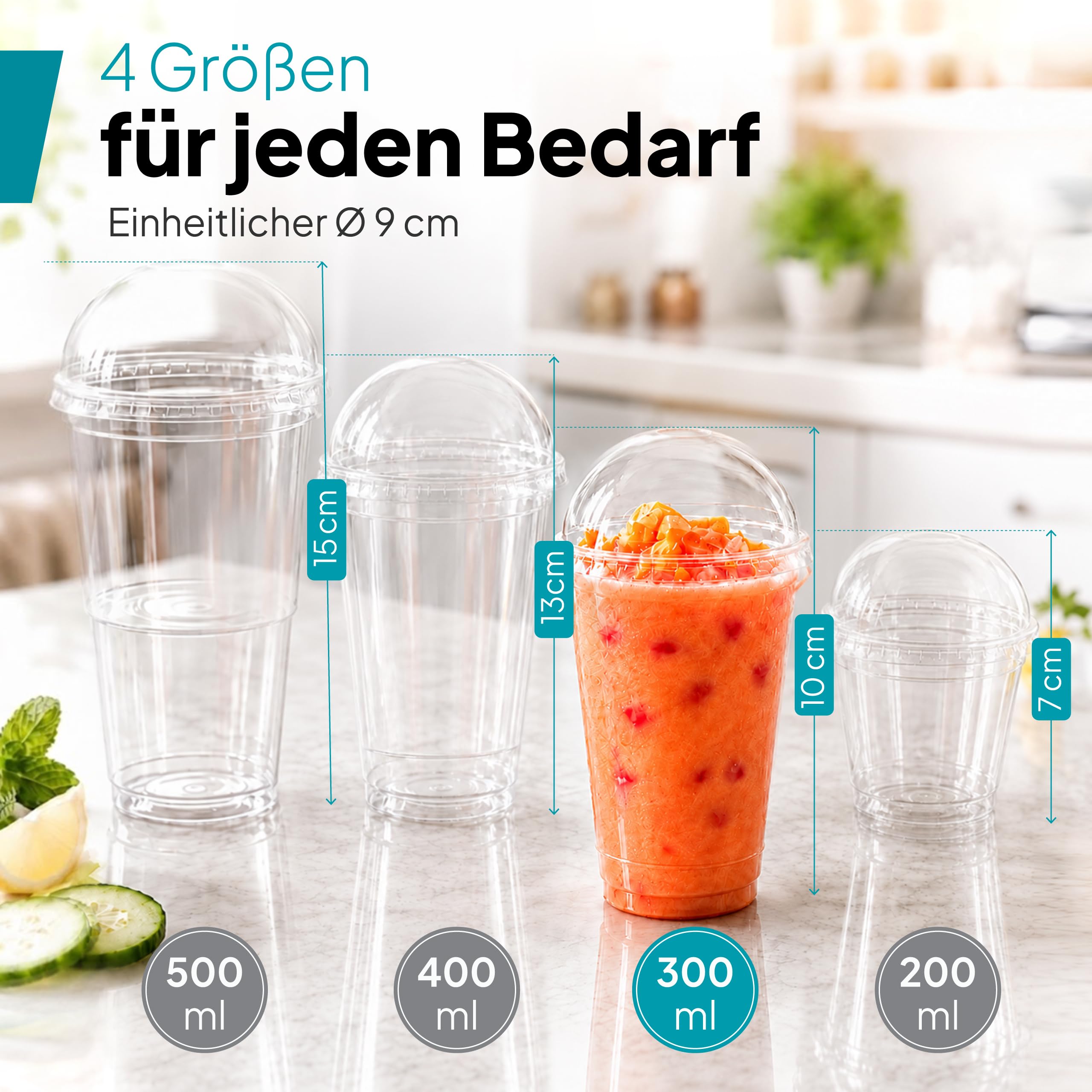 Commerline Vasos de Plástico para Batidos y Smoothies – 300 ml | 800 Unidades | Incluye Tapa con Ranura | Vasos para Postres, Tazas para Té de Burbuja (Bubble Tea) y Bebidas Frías|Transparentes