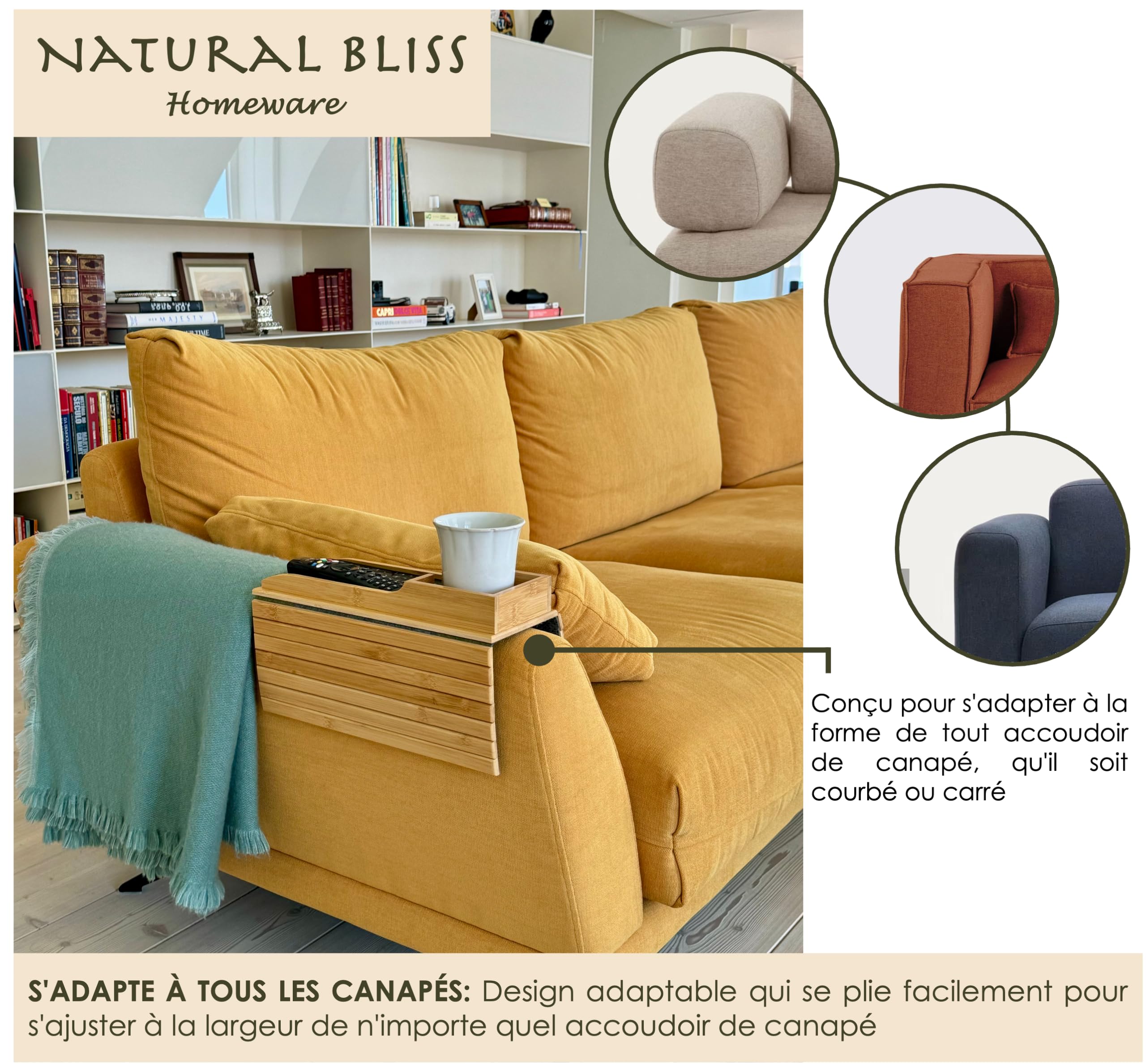 Natural Bliss – Table d’appoint en Bambou pour Accoudoir Canapé | Plateau Repas Antidérapant, Pliable et Réglable pour Tasse | Organisateur & Porte Télécommande et Téléphone