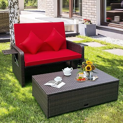 Miniatura 5 de COSTWAY Patio Rattan Loveseat Set Daybed Lounge Almacenamiento Otomano Mesas Laterales Ajustar Rojo