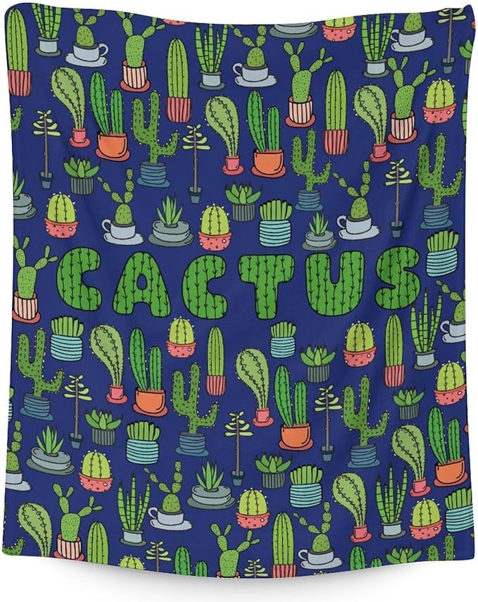Cactus Throw Blanket - Soft, Fuzzy & Warm - 50x60 Inches Flannel Blankets for Living Room, Sofa - Dark Blue Aesthetic Throws Gift for Teens