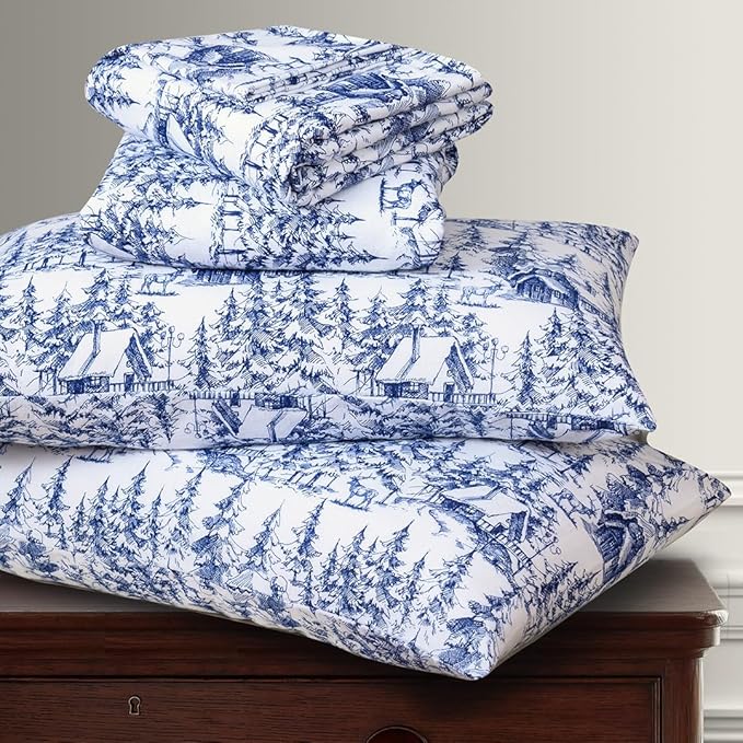 Briarwood Home Printed Flannel Sheet Set, 100% Organic Cotton, Six-Fold Brushed, Super Soft, Warm, Deep Pocket Bedding with NanoTech Infuse for Enhanced Lasting Strength (Blue Sylvania, Queen)