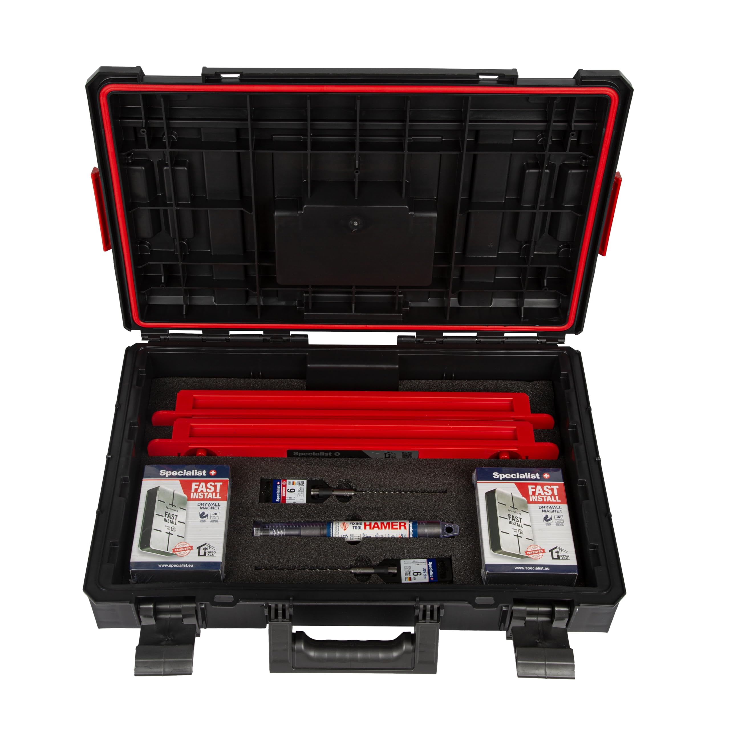 Specialist+ Trockenbau-Werkzeugset | x2 SPACER (50 cm), x2 FAST INSTALL-Gipsmagnete, x1 HAMMER-Steckertreiber, SDS+ & QUATTRO Bohrer | Schnelle Montage | Für Knauf D-112 geeignet