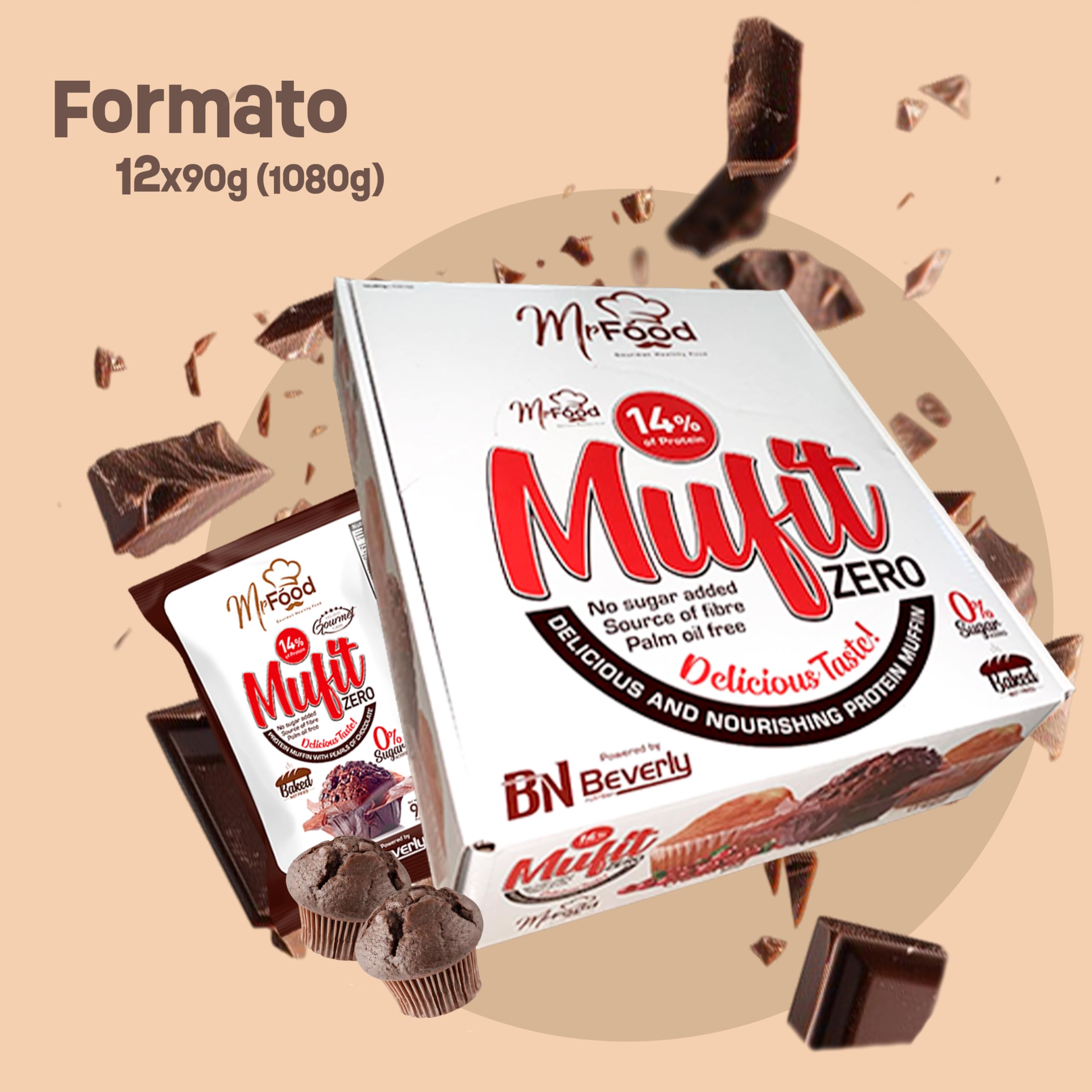 Beverly Mufit Zero 14% Proteína | 24 unidades de 45 gramos | Horneadas, sin azúcares añadidos ni aceite de palma | Fuente de proteína y fibra (CHOCOLATE)