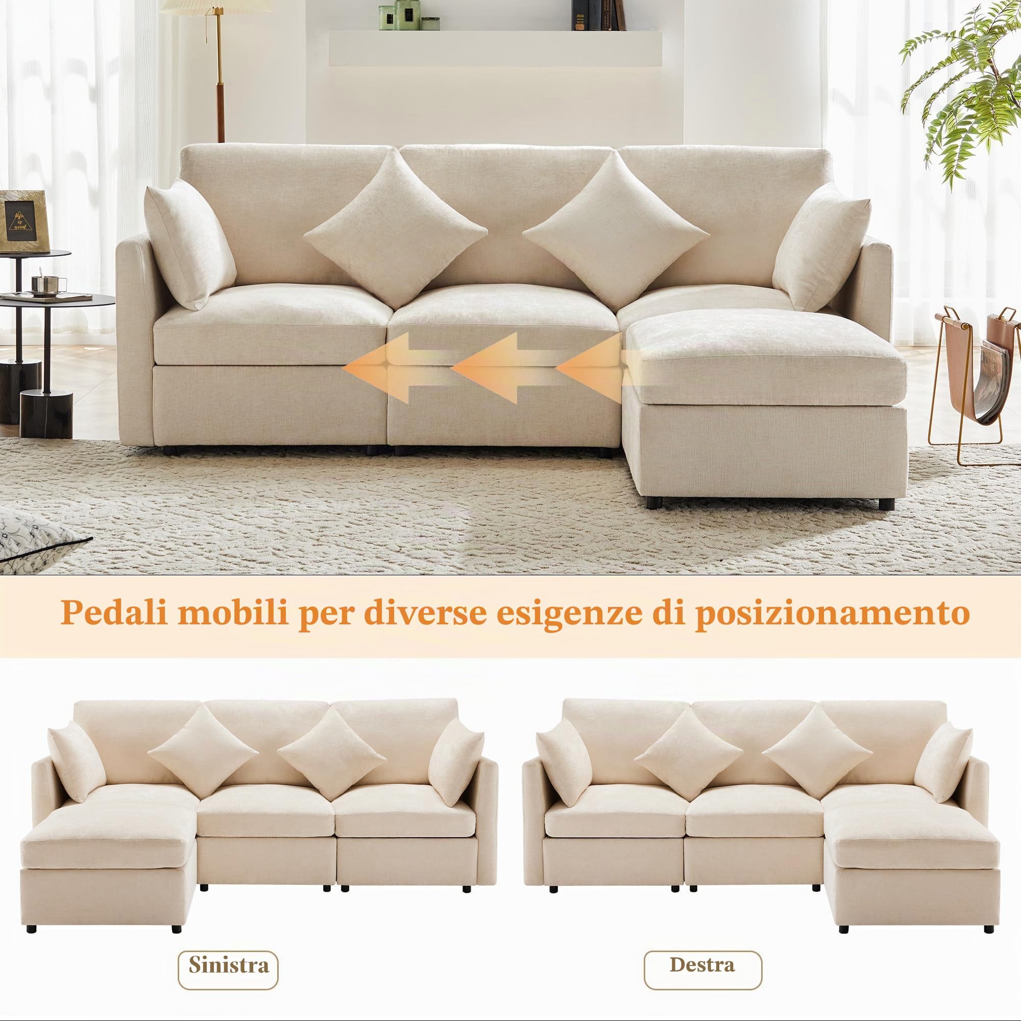 Divano a Tre Posti, Design Moderno in Ciniglia, Forma L Con Poggiapiedi, Adatto per Appartamenti (Beige)