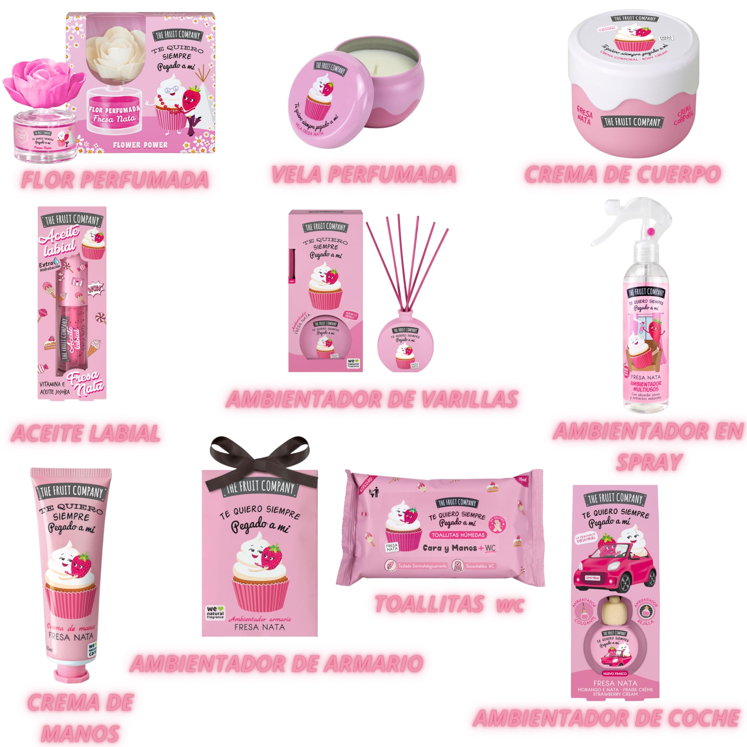 Mega pack 10 unidades para regalar TFC SET regalo Dia de la madre, Fresa y nata The Fruit Company cosmetica para regalar Aceite labial, crema corporal y manos, ambientadores en flor