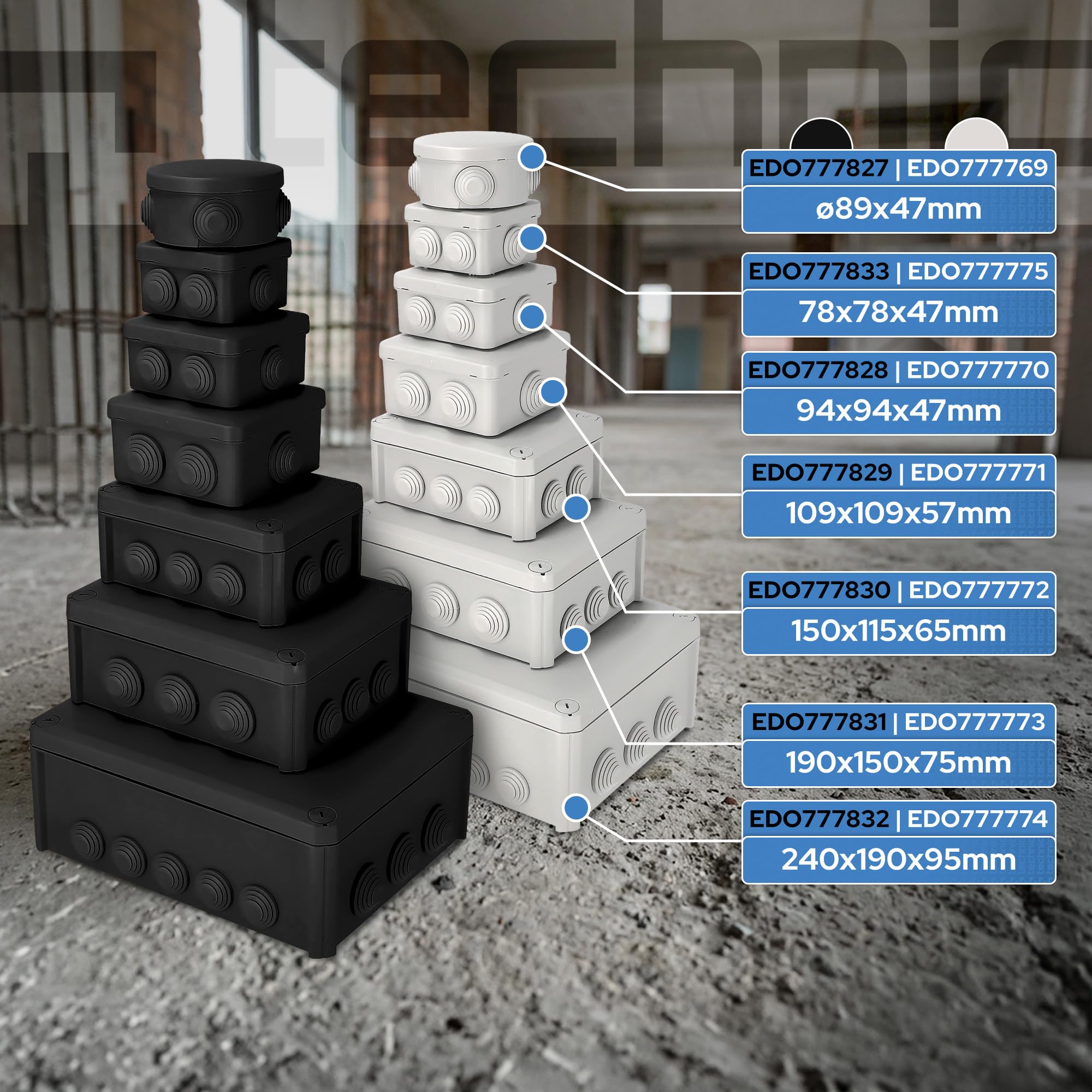 EDO Set 10x Scatola da Parete IP44 Impermeabile 240x190x95 mm Nera | Resistente ai UV, Senza Alogeni – Scatola di Derivazione con Pressacavi e Coperchio a Vite Interno/Esterno