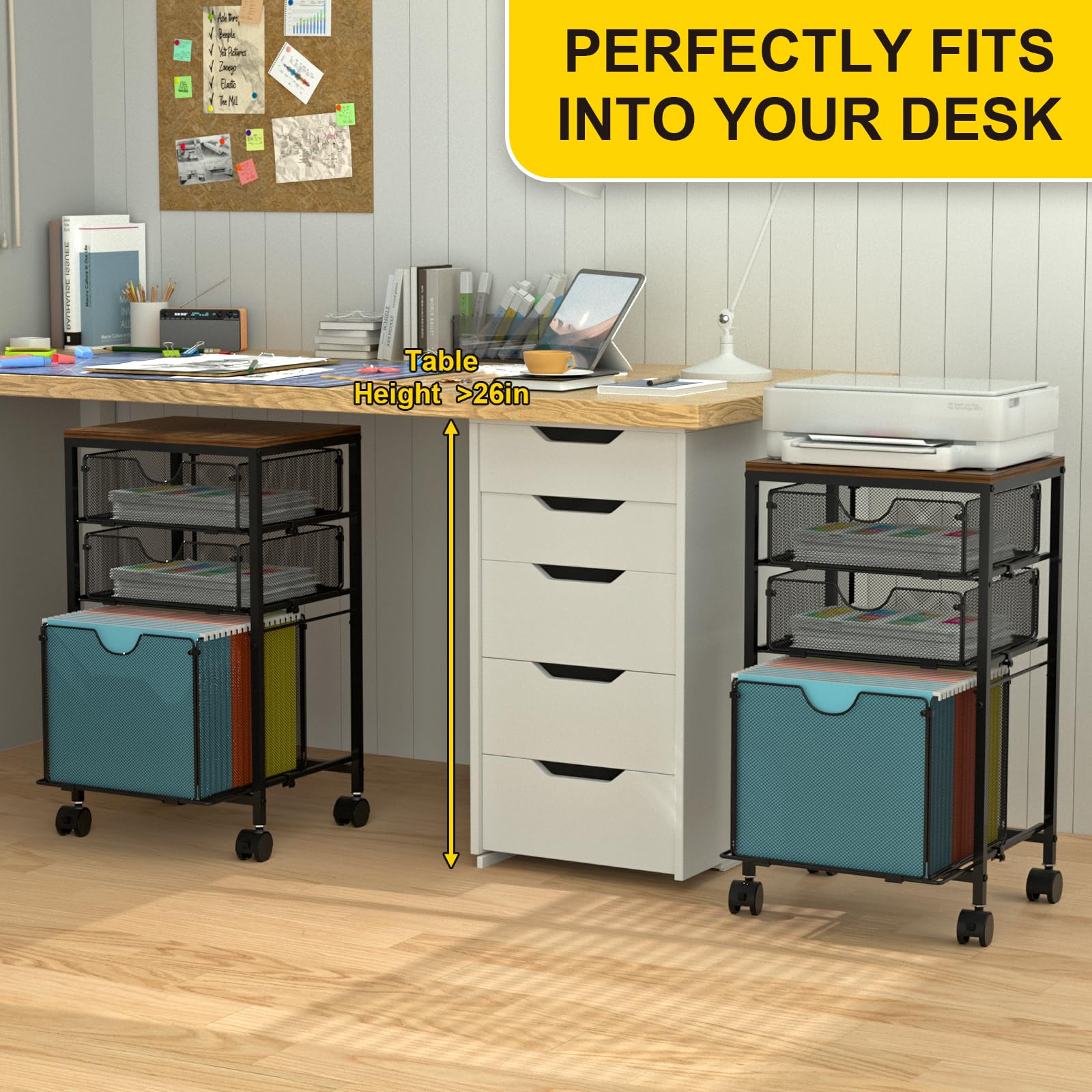 BOHDK Carrito de archivos rodante, carrito de archivos para almacenamiento debajo del escritorio, archivador móvil de madera y malla con 3 cajones deslizantes, para A4, carpetas de archivos colgantes