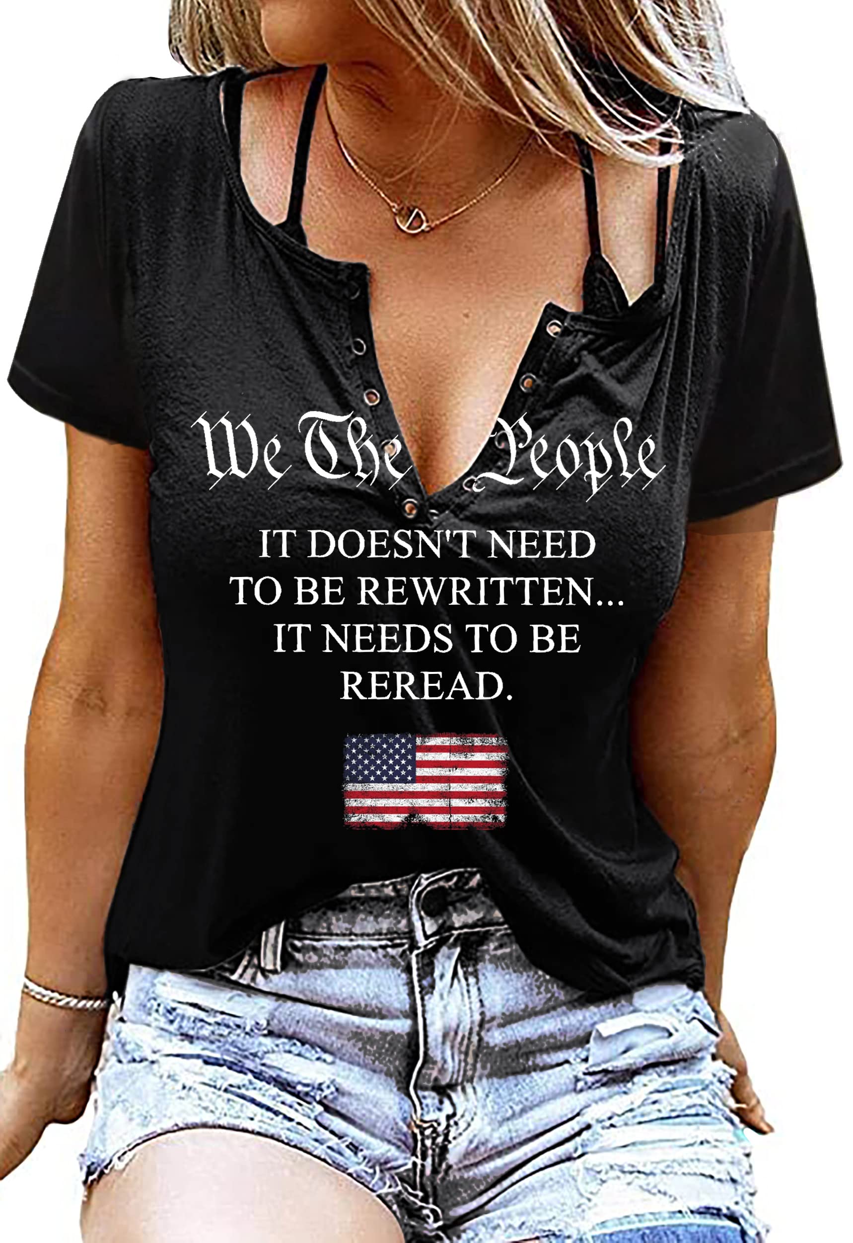 American Flag Shirt Tops Womens 4th of July T-Shirts Ring Hole Short Sleeve Sexy V-Neck Patriotic Tees