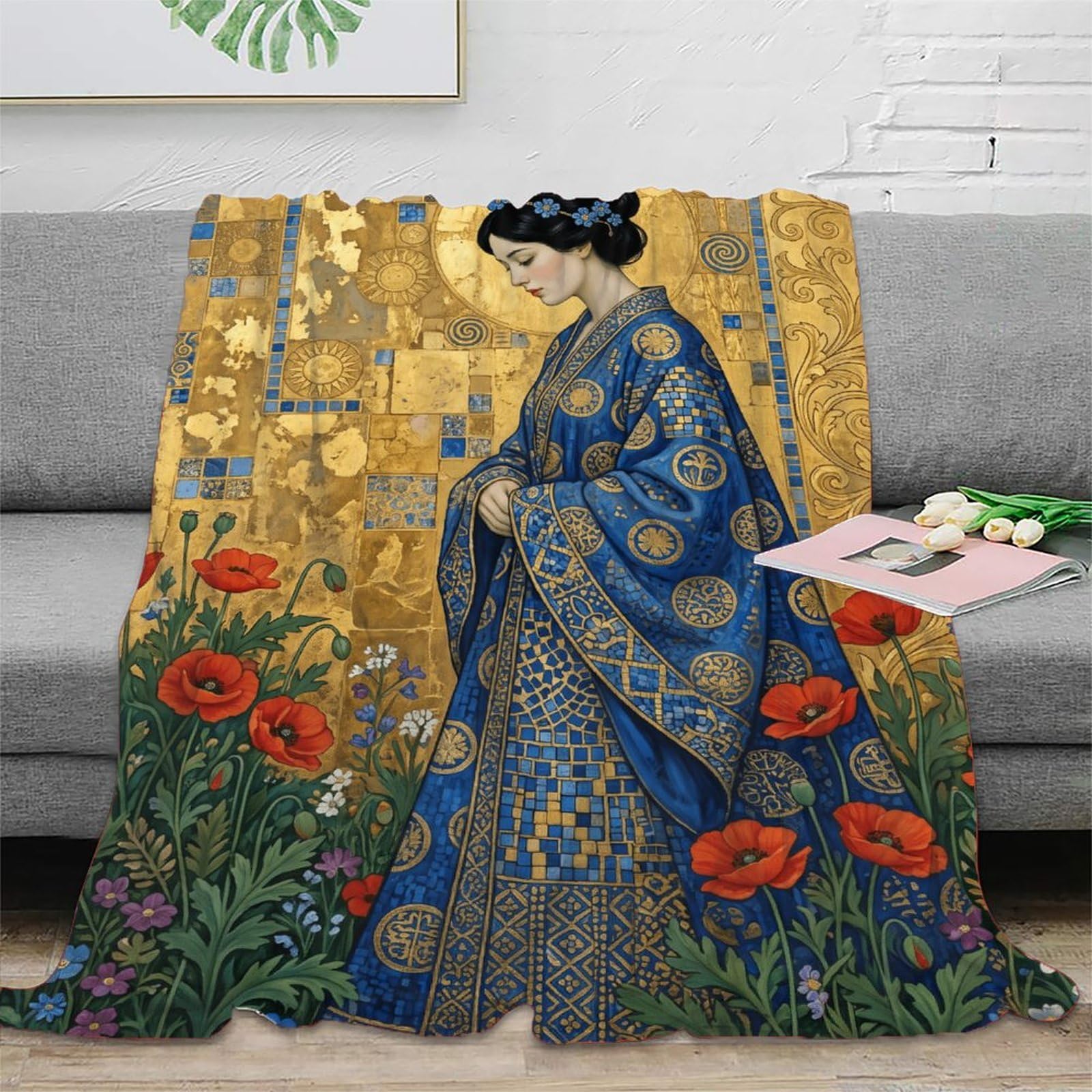 H3B8U2Y5 Blue Golden Mosaic Woman Blanket, Flannel, Nap, Craft Style Design