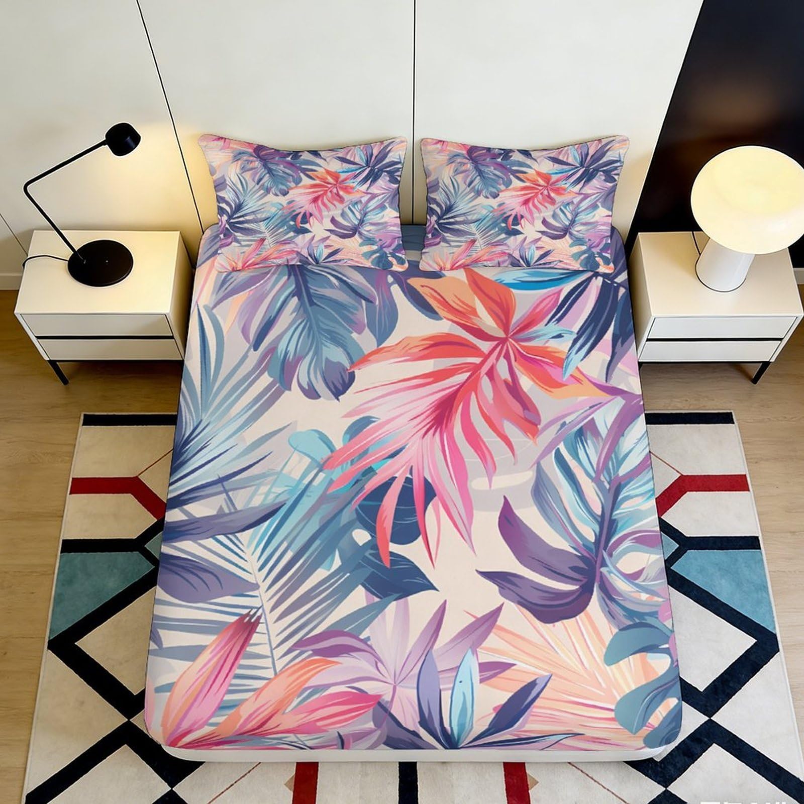 3D Printed Tropical Leaf Fitted Sheet Microfiber Soft Colorful Jungle Mattress Cover for Bedroom Guest Room Dorm Decor 90x200x25cm