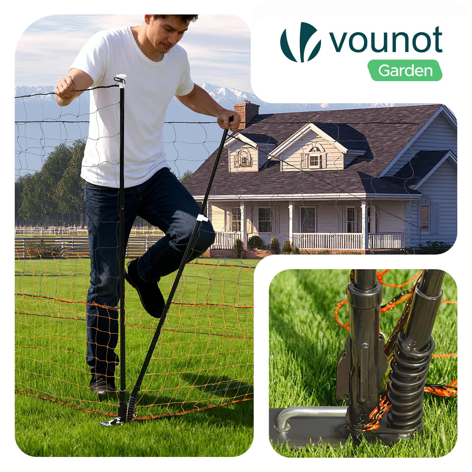 VOUNOT® Kit Valla de Red para Gallinas 30M con Puerta Malla Gallinero PE Resistente Rollo Cercado Valla Pollo Cerca Red Protección para Aves de Corral con Estaca Doble Punta para Pollos Jardín Naranja