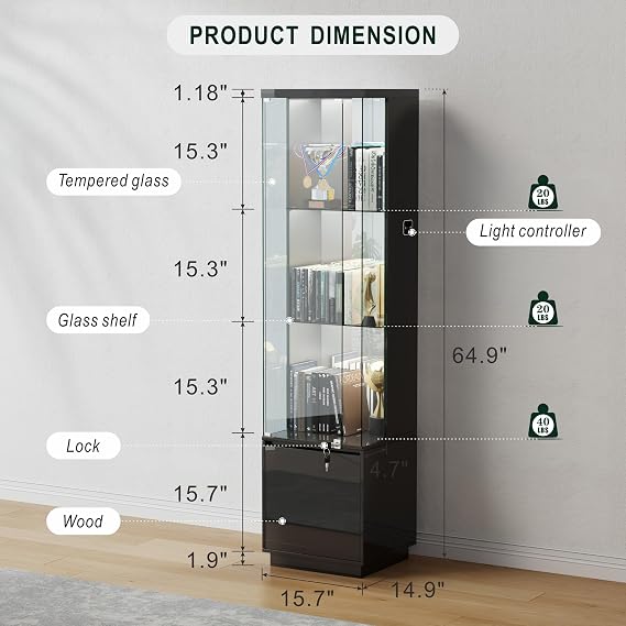 Lockable Curio Display Cabinet with Glass Door and 3 Color Lights,black | 65 Lighted Curio Cabinet 3-Tier Display Case with Human Body Sensor,Glass High Gloss Storage Cabinets
