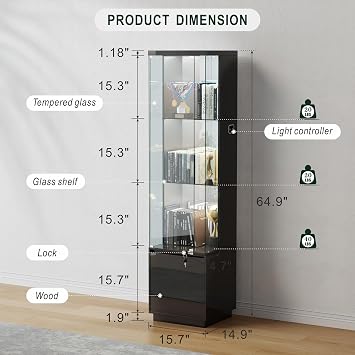 Lockable Curio Display Cabinet with Glass Door and 3 Color Lights,black | 65 Lighted Curio Cabinet 3-Tier Display Case with Human Body Sensor,Glass High Gloss Storage Cabinets