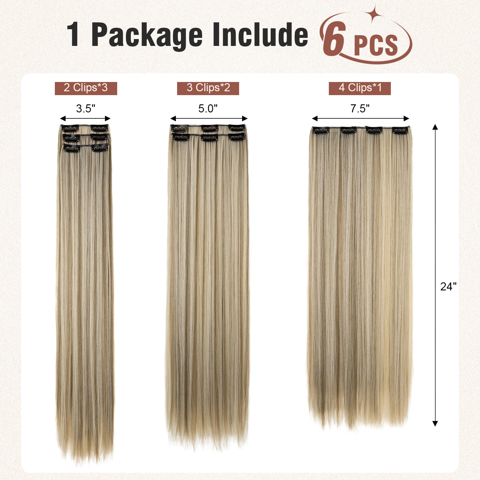 FLUFYMOOZ 6PC Clip in Hair Extensions 24" Straight Long Extensions for Women Synthetic Hairpiece (Ash Brown with Blonde Highlights) - Image 4