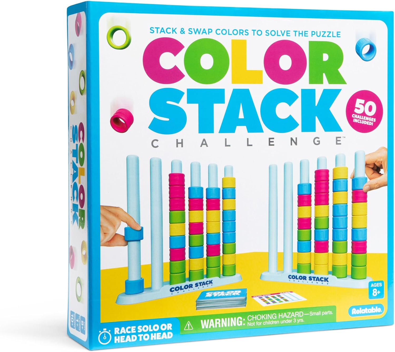 Color Stack Challenge by Relatable – A Fast-Paced Color Matching Puzzle Game for Fun Parties and Family Game Night. Includes 2 Stack Racks, 50 Challenge Cards, 80 Rings & Instructions.