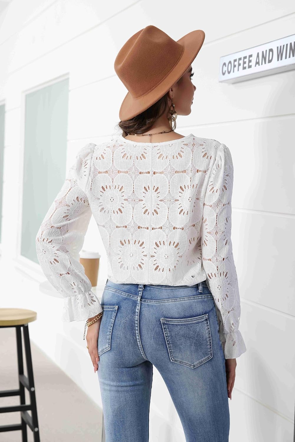 HYTENSUN Women's Casual Lace Blouse – Long Sleeve Floral Eyelet Crochet Top Boho Chic V-Neck Lightweight Romantic Shirt - Image 2