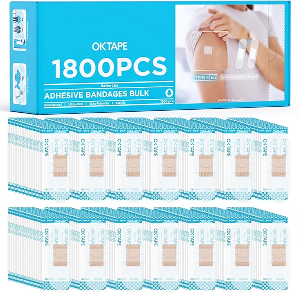 OK TAPE Adhesive Bandages, 1" x 3" Bulk Case of 1800, Waterproof Sterile, Clear & Breathable Sheer Strips for Minor Cuts & Scrapes – First Aid Supplies for Home, Businesses, Schools,Nurses and Clinics