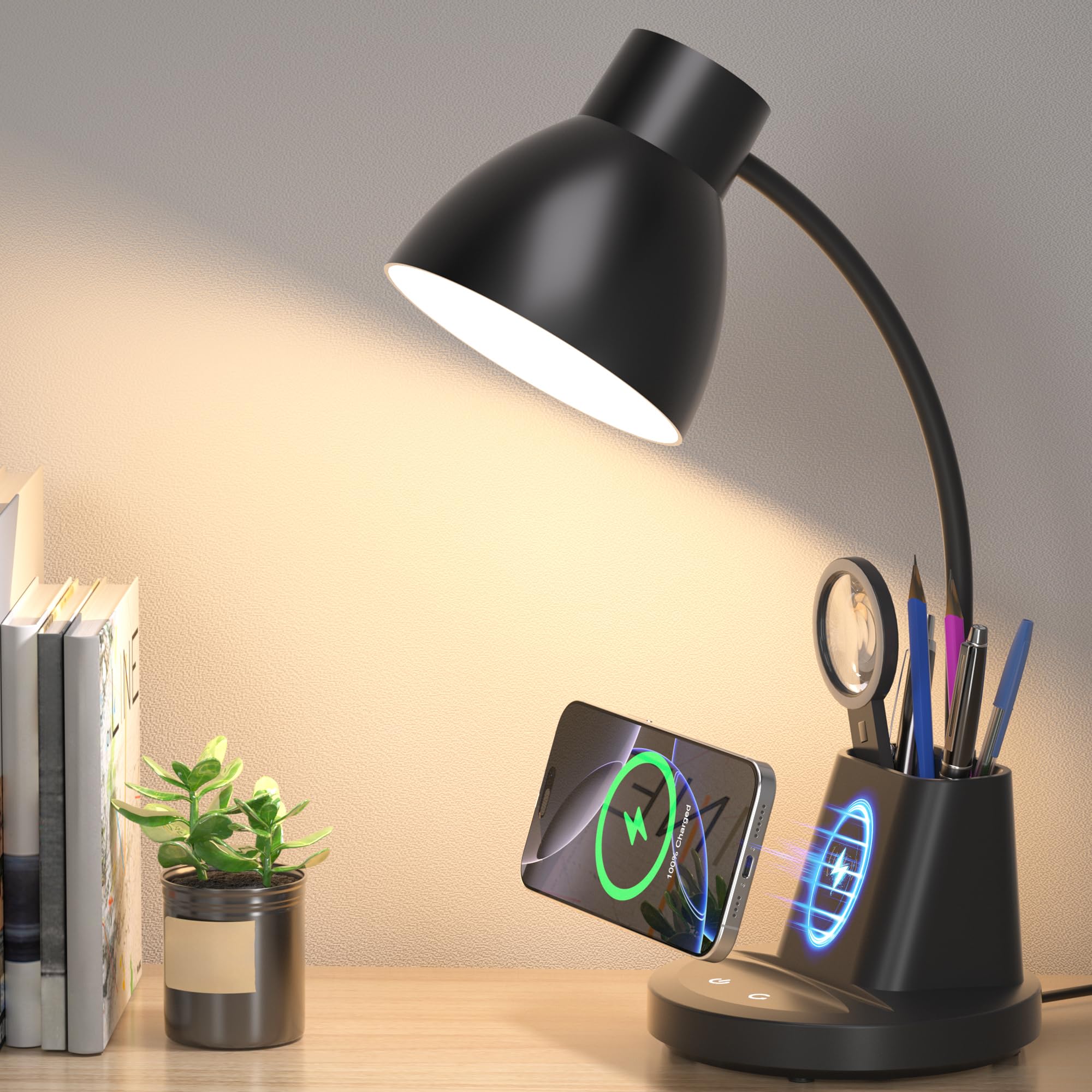 Sailstar Desk Lamp with Wireless Charger 3 Color Modes Dimmable Desk Lights with Pen Holder 800LM CRI 95