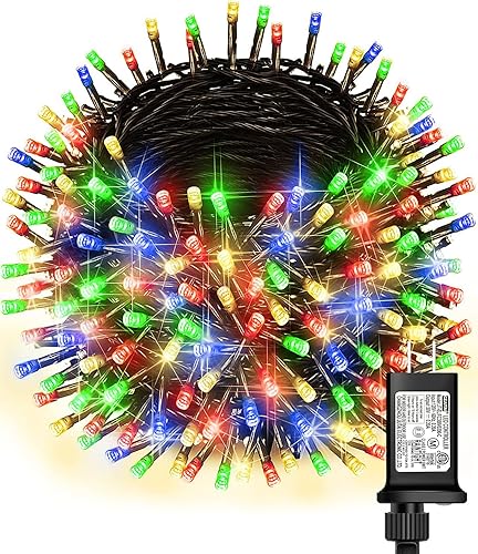 Luces de Navidad de 197 pies para exteriores, 600 luces LED pastel con 8 modos, cadena de luces impermeables con cable verde, luces parpadeantes