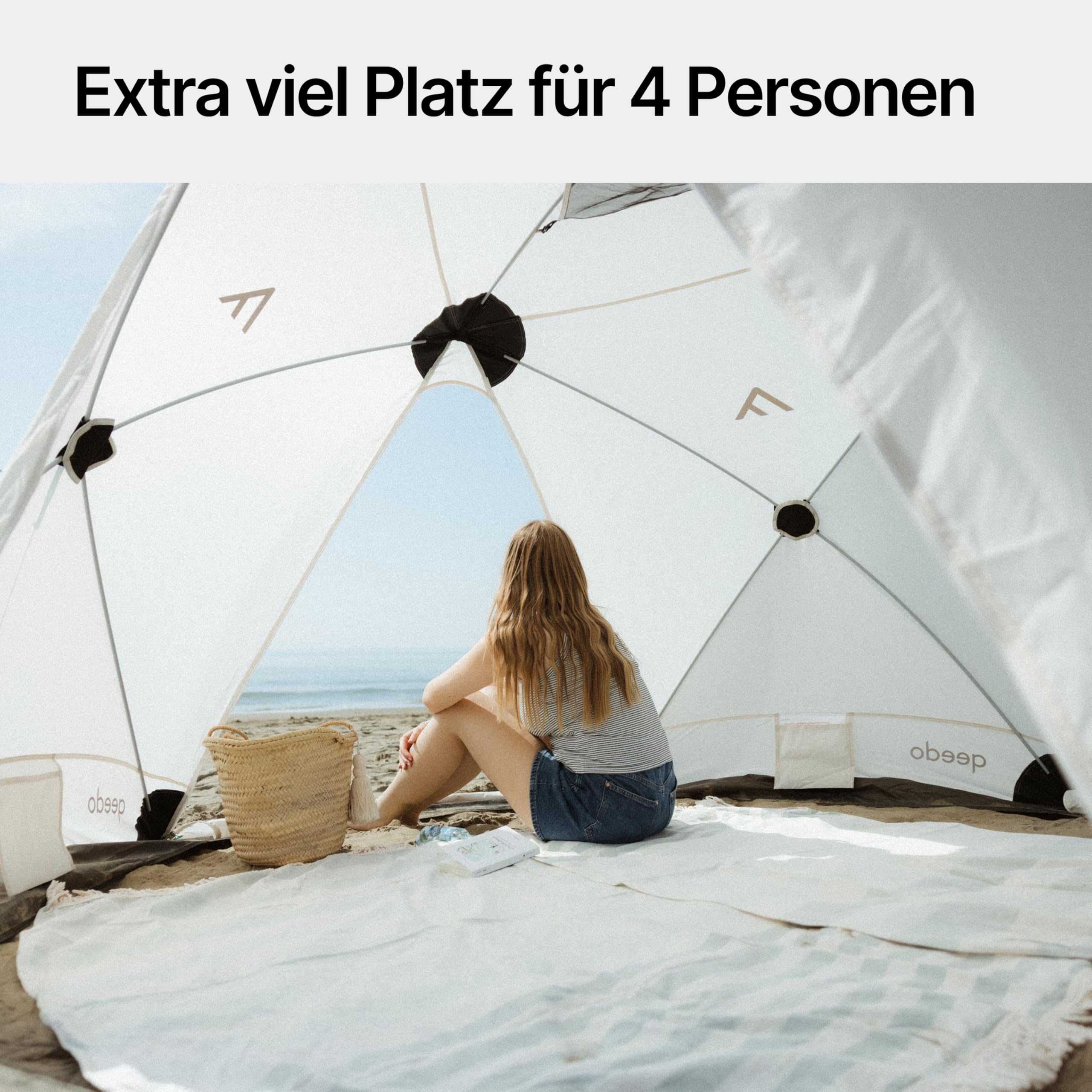 qeedo Quick Island Strandmuschel - große Quick-Up Strandmuschel mit 3 Eingängen, Sichtschutz & Windschutz, inkl. Boden, Sandanker, Heringe und Tragetasche