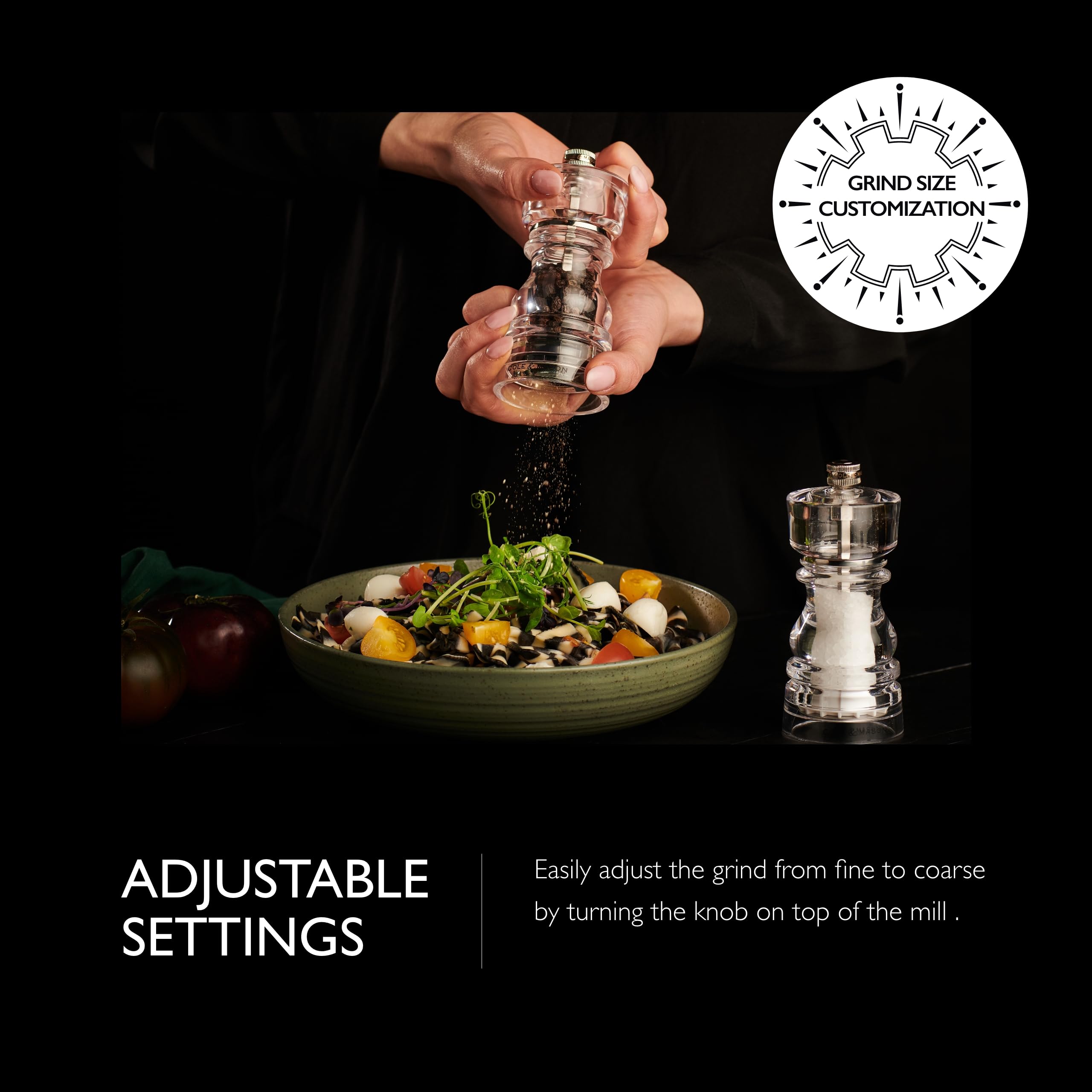 Cole & Mason London Acrylic Salt and Pepper Mill Set, 13cm Salt and Pepper Grinder Set including Adjustable Grind - Image 3