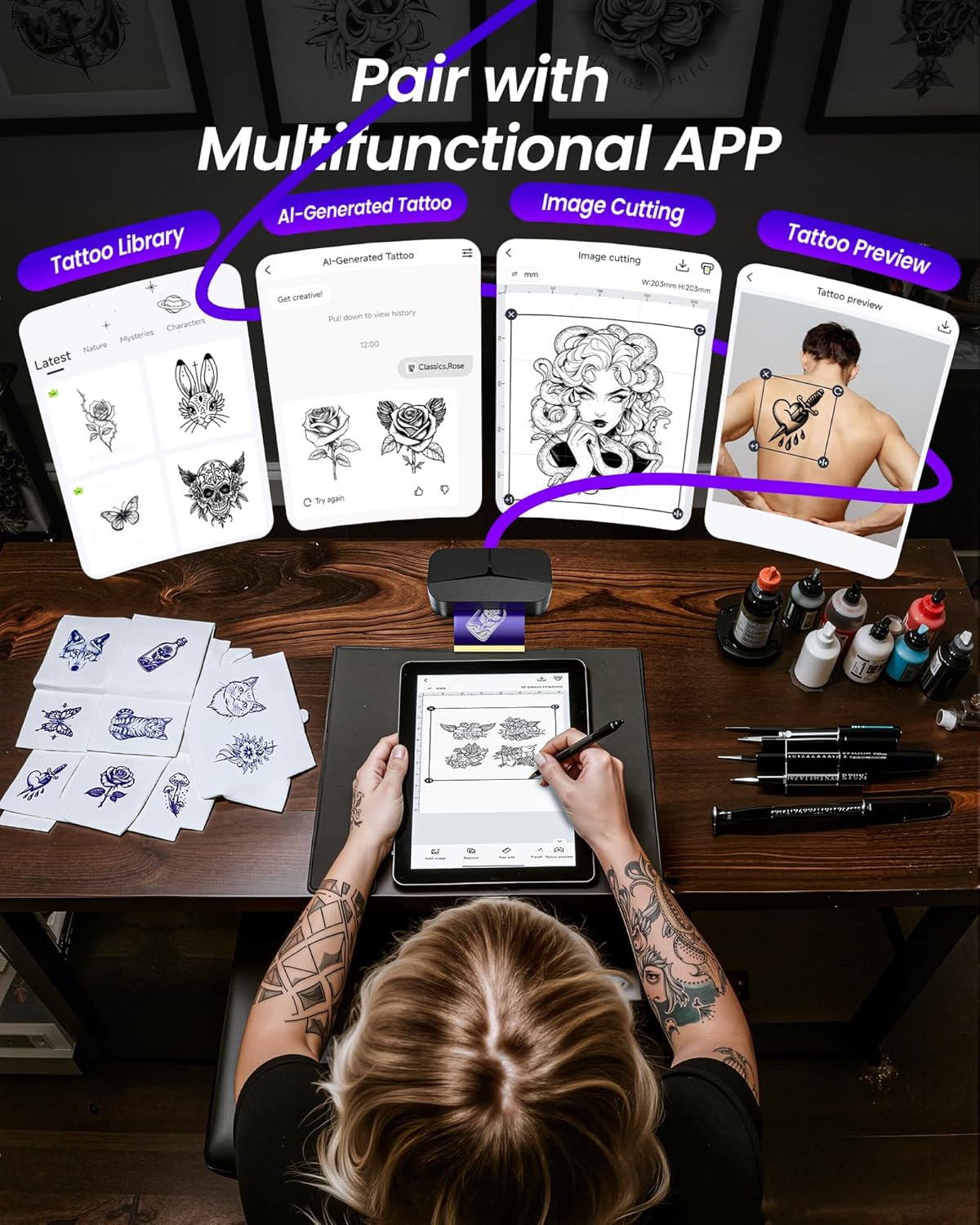 TATTMUSE Tattoo Stencil Printer for Beginners, Mini Tattoo Printer with 30 Pcs Transfer Paper, Bluetooth Stencil Printer Compatible with Phone & Tablet, Tattoo Machine Kit for Professional