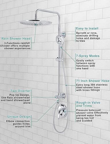 Miniatura 8 de SR SUN RISE Accesorios de ducha de 10 pulgadas con cabezal de ducha de lluvia de 1.8 GPM y ducha de mano de 27.6 pulgadas, juego completo de grifo