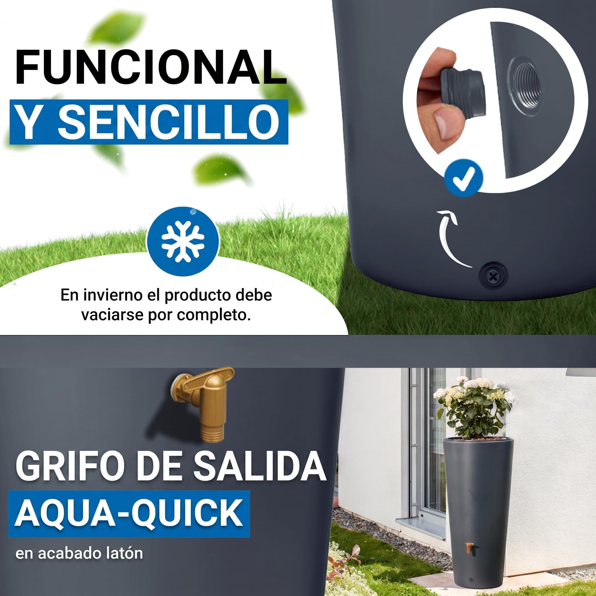 4rain Vaso 2en1 depósito de Agua de Lluvia 220 L Graphite Grey Incl. Grifo de plástico y conexión al bajante - riego sostenible - decoración integrada extraíble - conexión automática filtrante | Incluye grifo de plástico y conector para bajante, barril de
