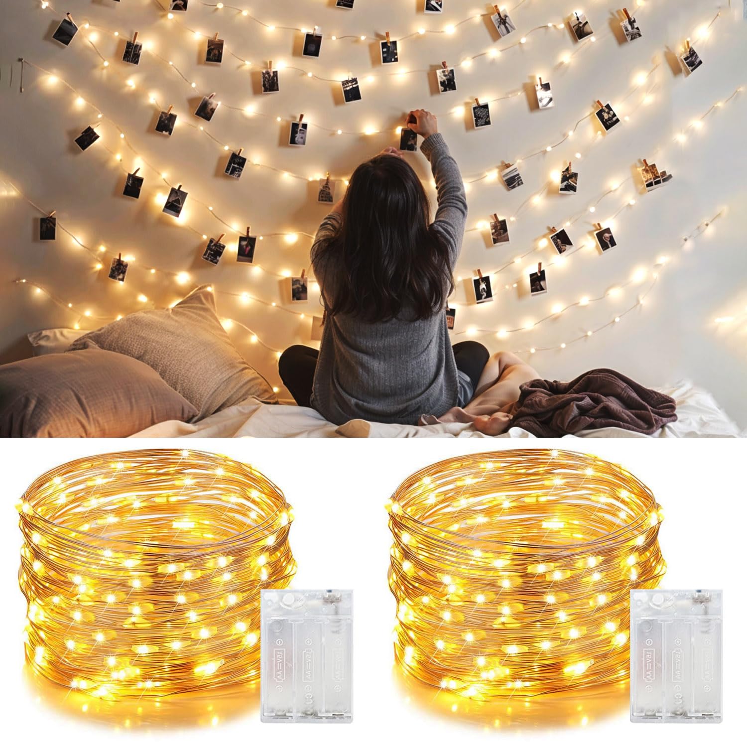 Guirnalda de luces de hadas, paquete de 2 tiras de 10 m con 100 luces LED de cobre, luces parpadeantes de cobre que funcionan con pilas, luces blancas cálidas para decoraciones de Navidad en
