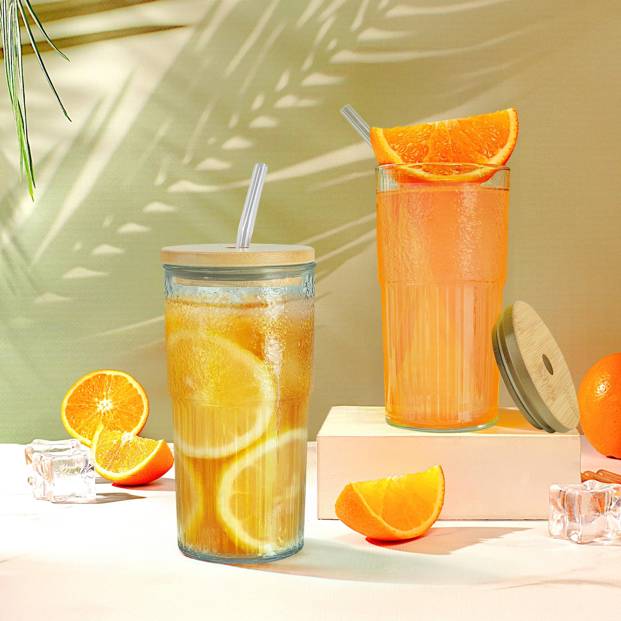 Joeyan 2 Pezzi Bicchiere in Vetro Borosilicato da 720ml/24oz con Cannuccia e Coperchio - Tazza Grande per Smoothie,Cocktail,Caffè e Latte - Lavabile in Lavastoviglie, Senza BPA - Trasparente