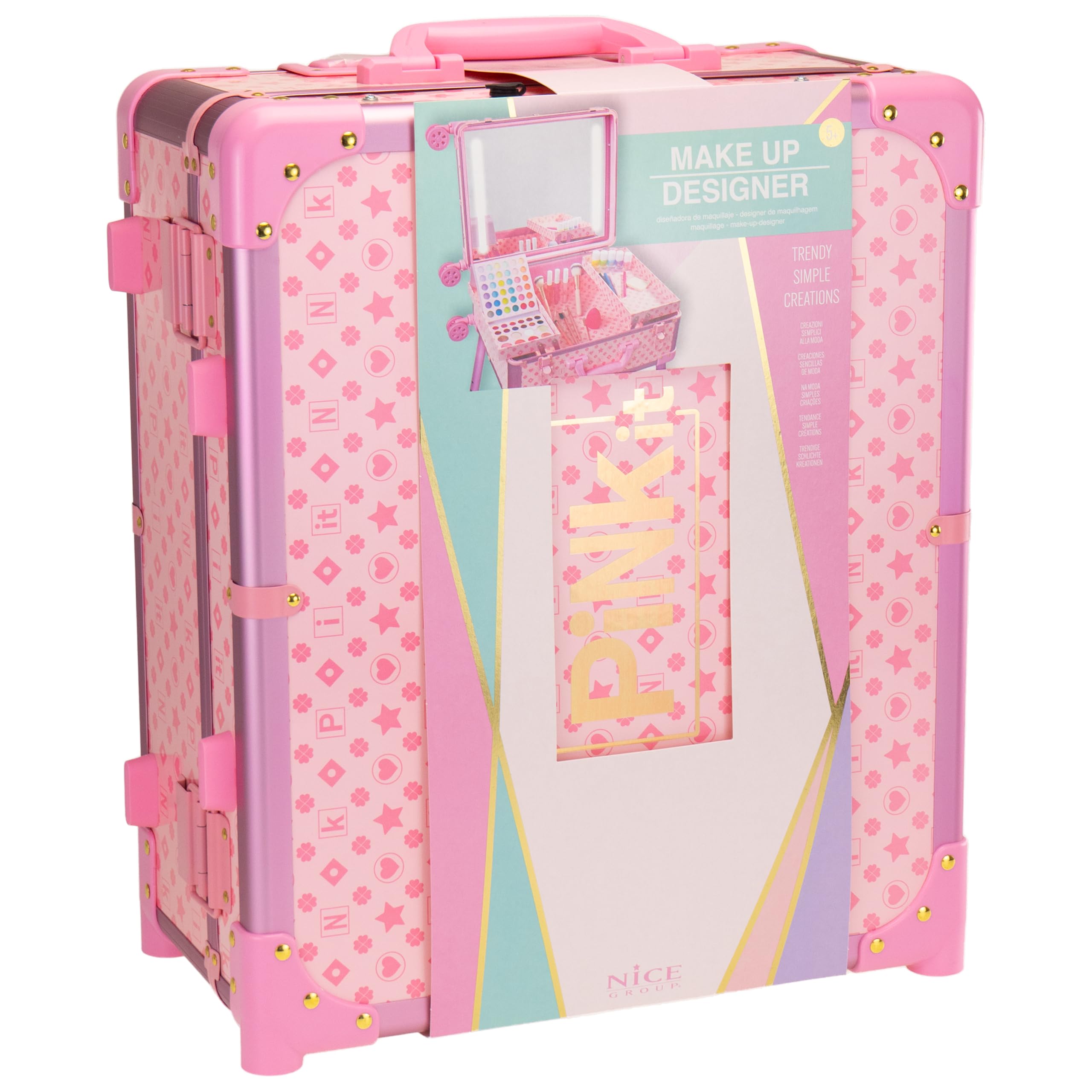 Nice Group - PINKIT Station Make Up Designer, 1 Valigia con Kit Trucchi, Pennelli e Specchio