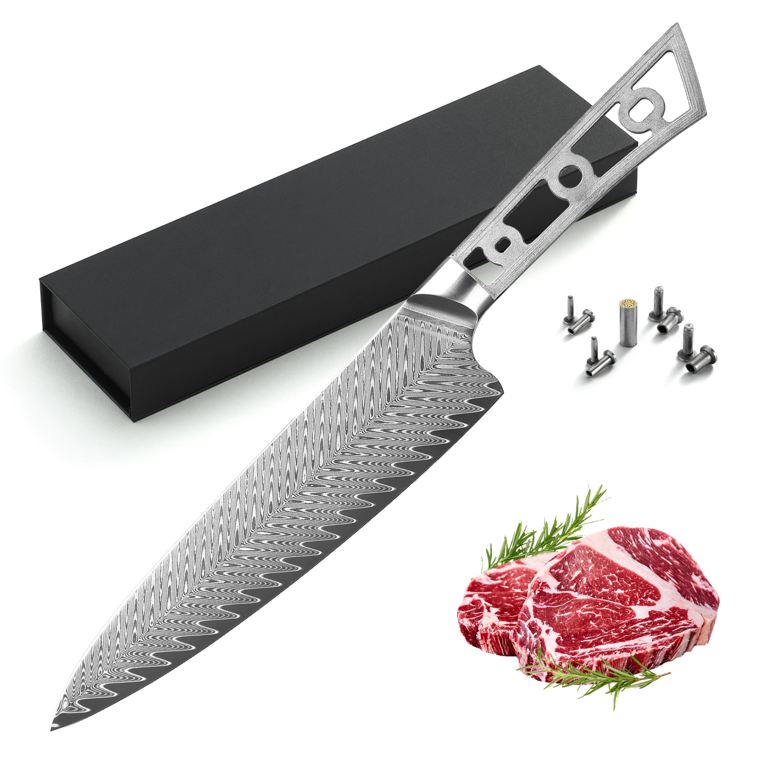 KATSURA Woodworking Project Kit – Gyuto Chef Knife Blank – 8 Inch with 50mm wide blade – Japanese Premium AUS 10, 67 Layers Damascus Steel – Thunder-X